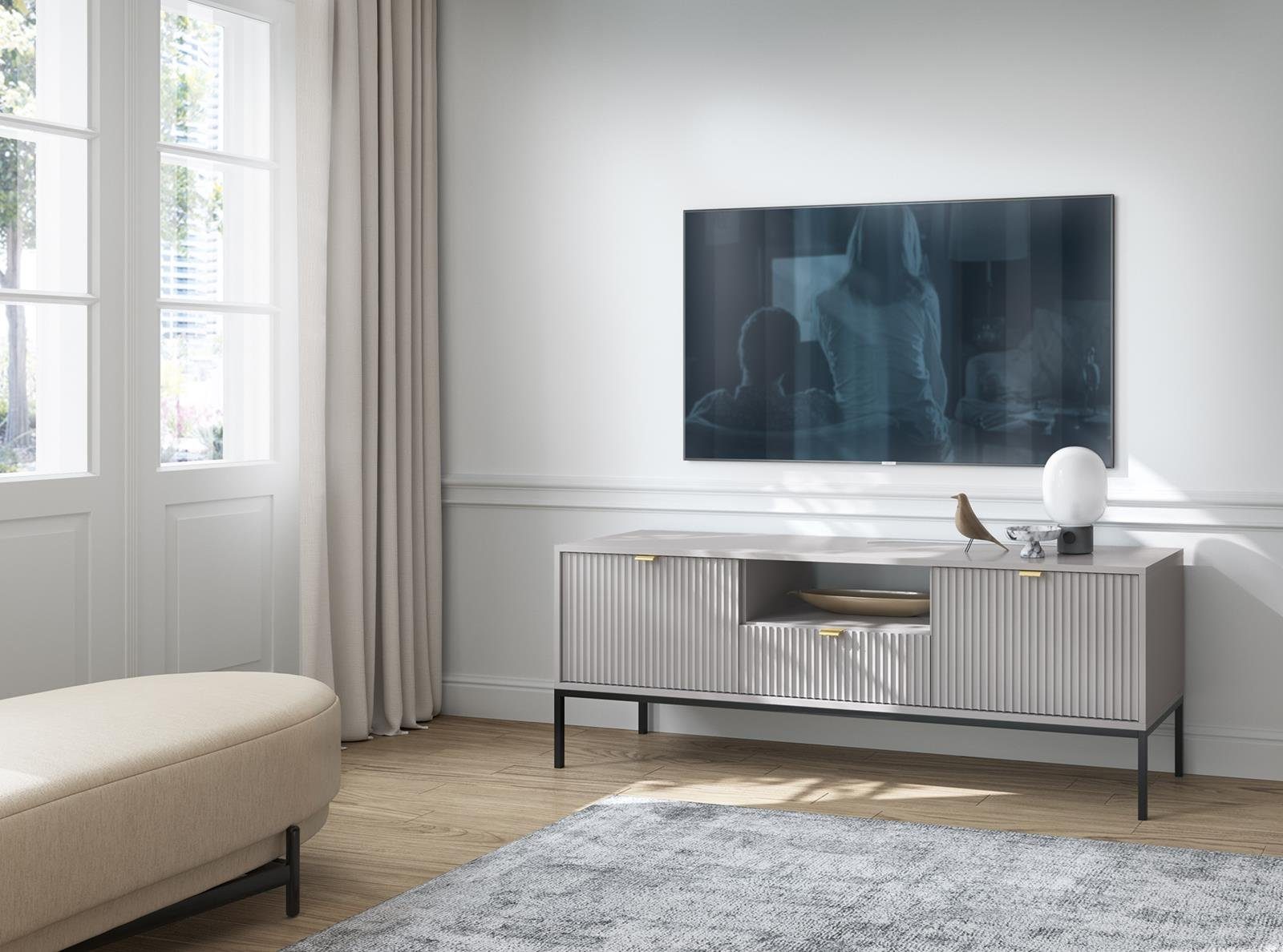 / Schwarz Weiß Stil TV-Schrank Beautysofa (Metallgestell, im für modernes Novia Wohnzimmer, Grau Farbe) / Lowboard