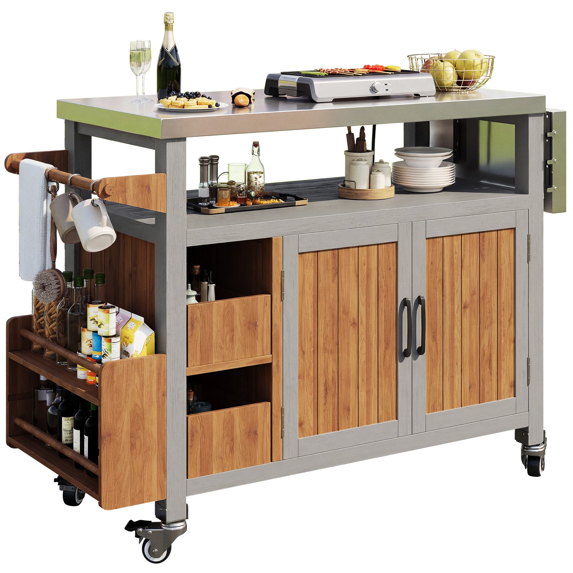 wohnTRAUM24 Beistelltisch BBQ Beistelltisch, Beweglicher Gartenschrank, Grillwagen, Arbeitsplatte aus Edelstahl Servierwagen mit ausziehbarer Seitenablage