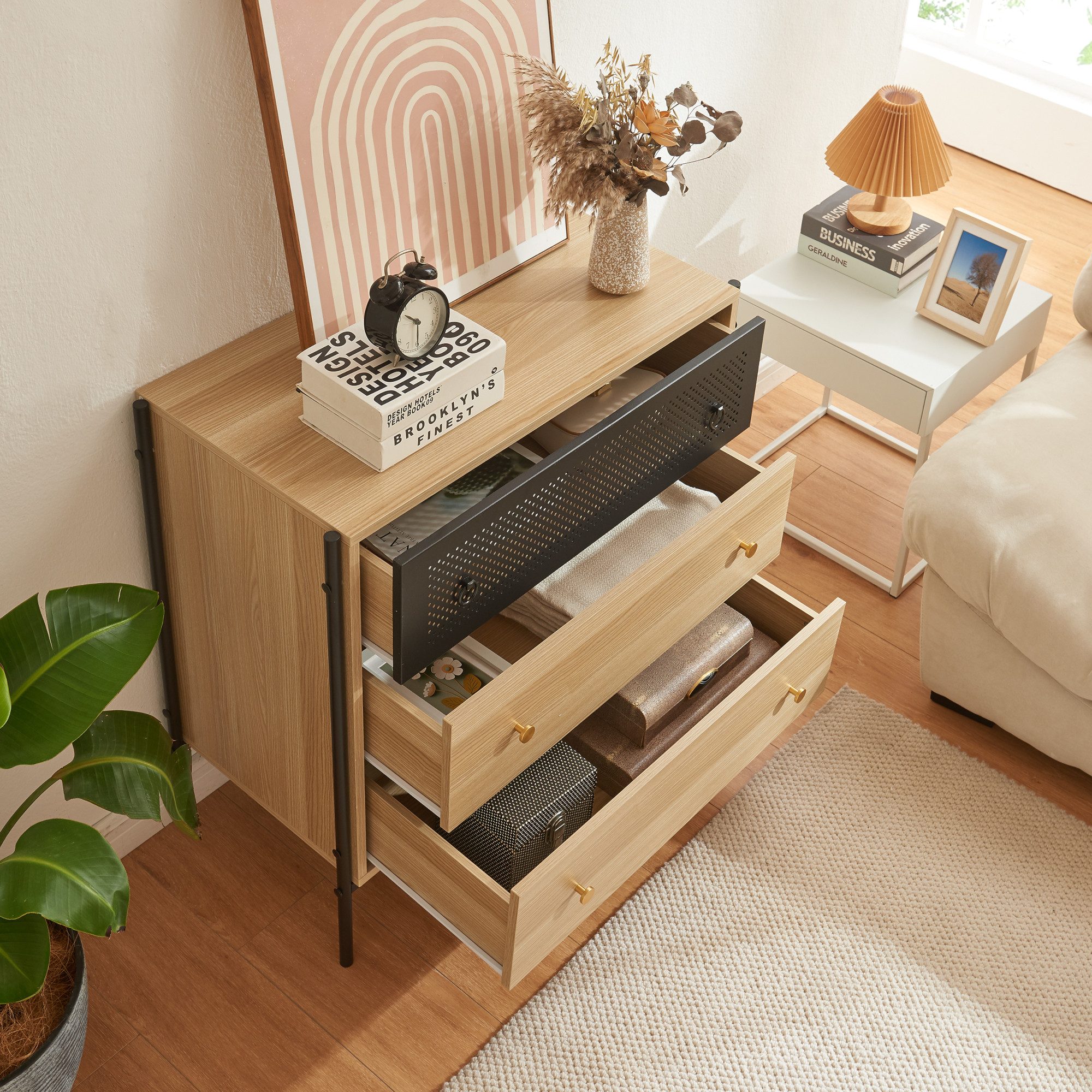 en.casa Schubkastenkommode, Kommode »Tysnes« mit 3 Schubladen 80x80x40 cm Eiche/Schwarz