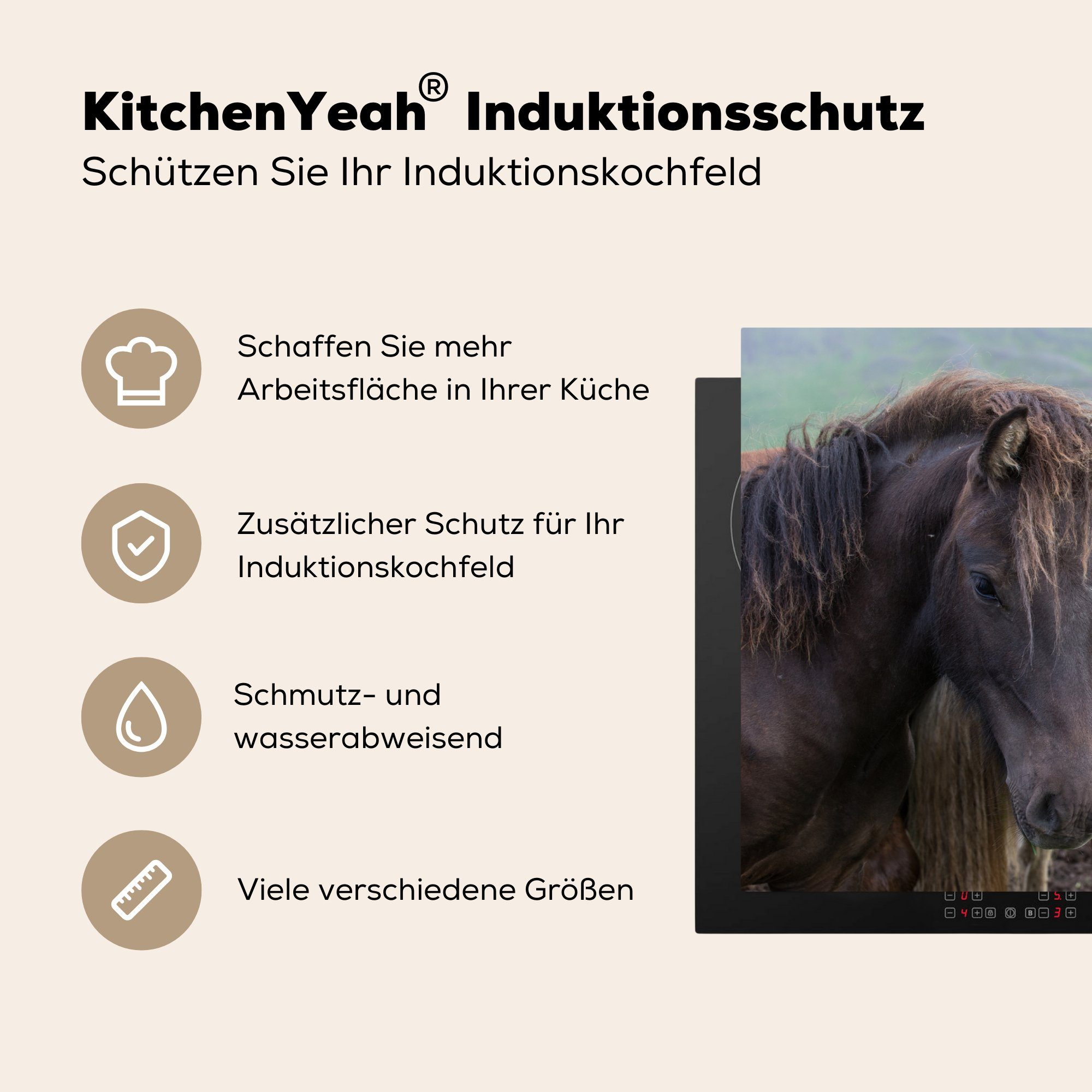 Braun, Herdblende-/Abdeckplatte für Ceranfeldabdeckung - die 81x52 Pferde Vinyl, MuchoWow - cm, Induktionskochfeld Schutz küche, Tiere tlg), (1