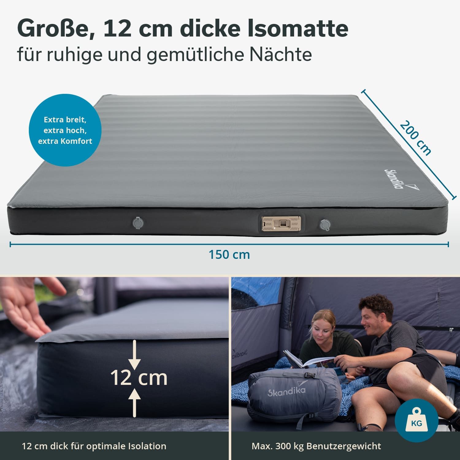 Skandika Luftmatratze Doppel-Isomatte Easy 3D Premium Flex, 2 Personen, inklusive USB-Pumpe, (ideal für Camping, Van-Reisen oder als Gästebett zu Hause), Maße 200×150×12cm, Max Gewicht 300 kg, Integrierte Pumpe, Tragetasche