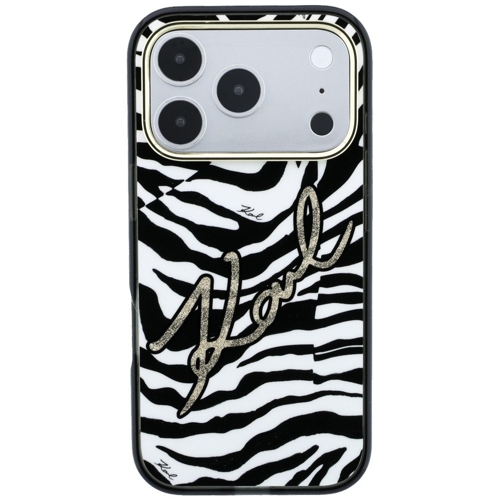 KARL LAGERFELD Handyhülle Schutzhülle Designerhülle Magnethülle, MagSafe, Zebra-Muster, Glitzersignatur, Alurahmen