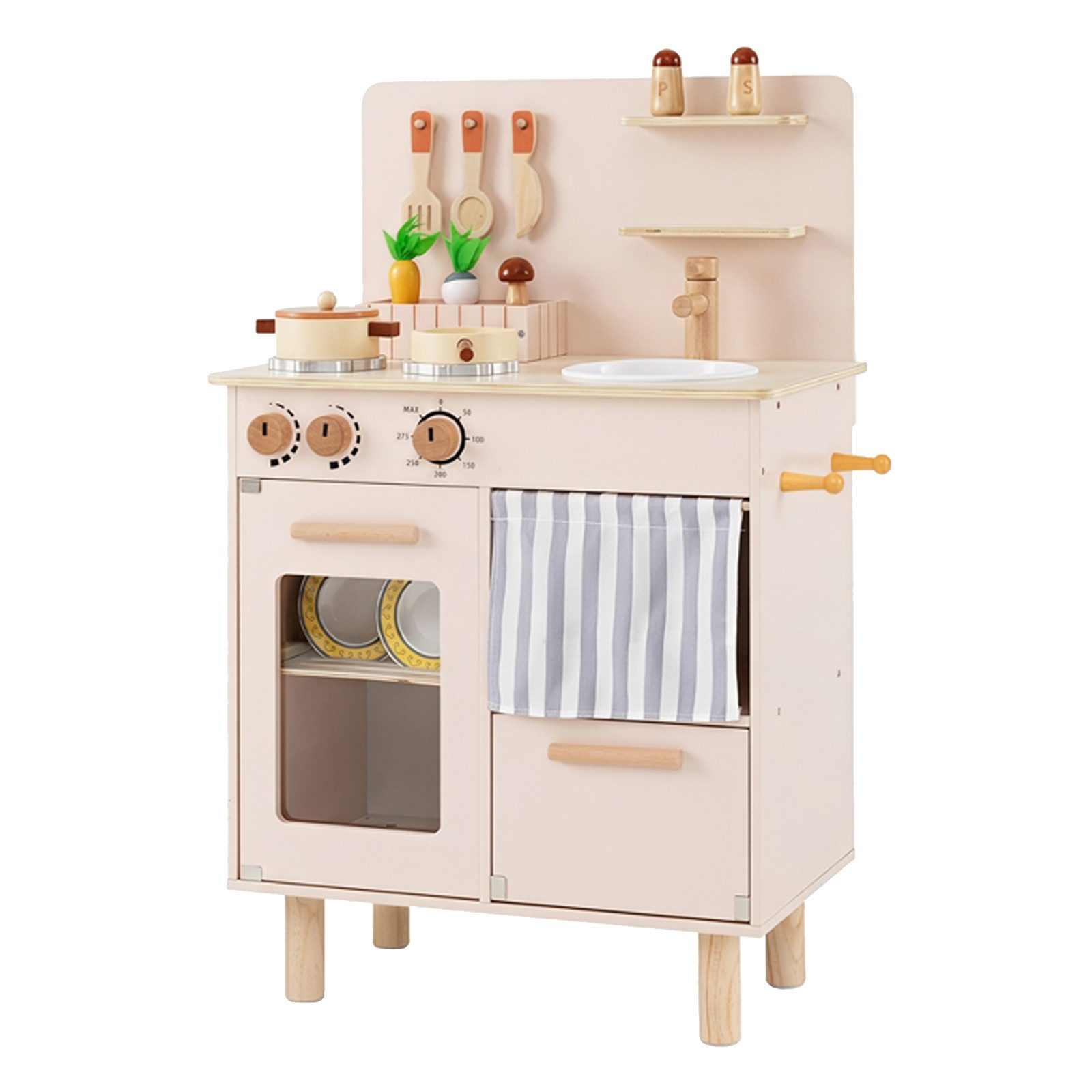 COSTWAY Spielküche Holz, Puppenküche mit Herd, Spüle & Geschirrspüler