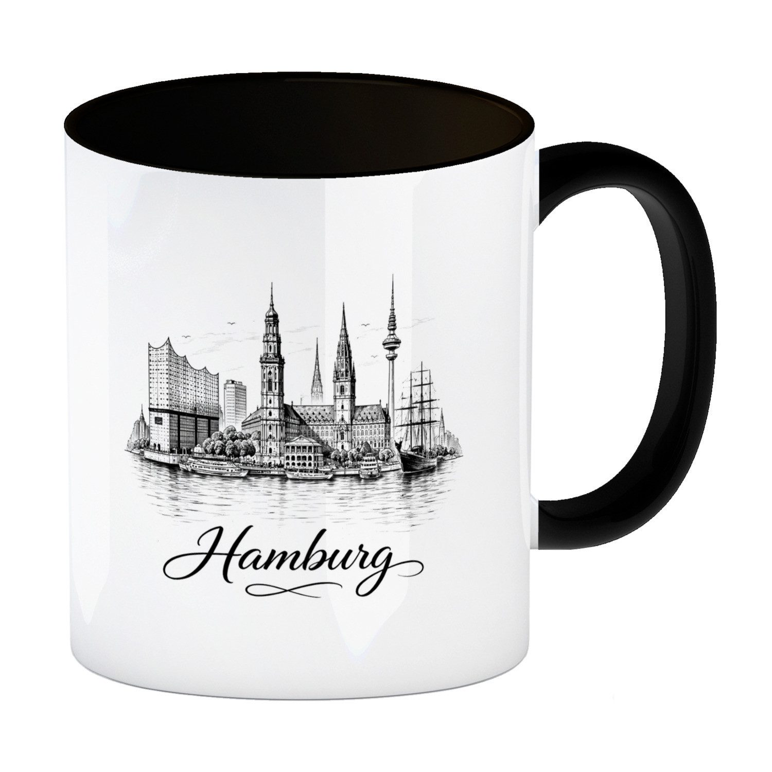 speecheese Tasse Skyline Hamburg Stadtsilhouette Kaffeebecher in schwarz