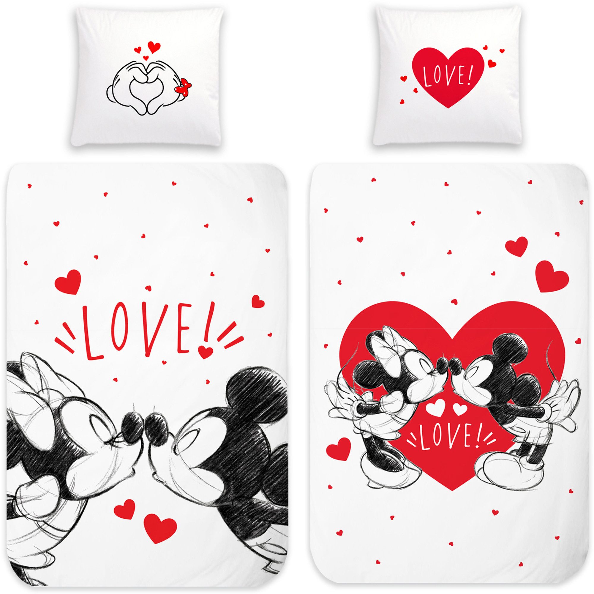 Kinderbettwäsche Minnie Mouse und Mickey Mouse Love Bettwäsche Linon / Renforcé