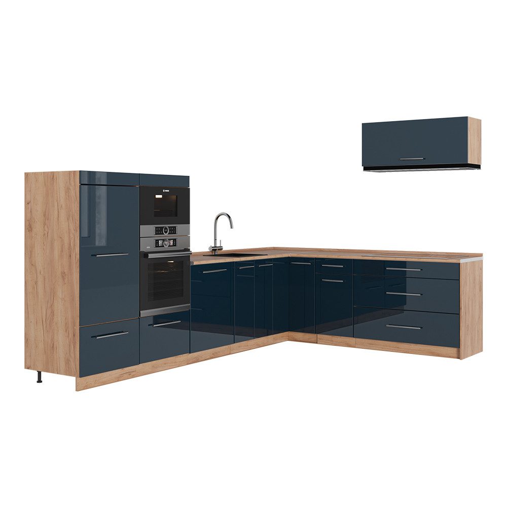 Vicco Winkelküche Fame-Line, Dunkelblau Hochglanz/Goldkraft Eiche, 327 x cm, AP Eiche