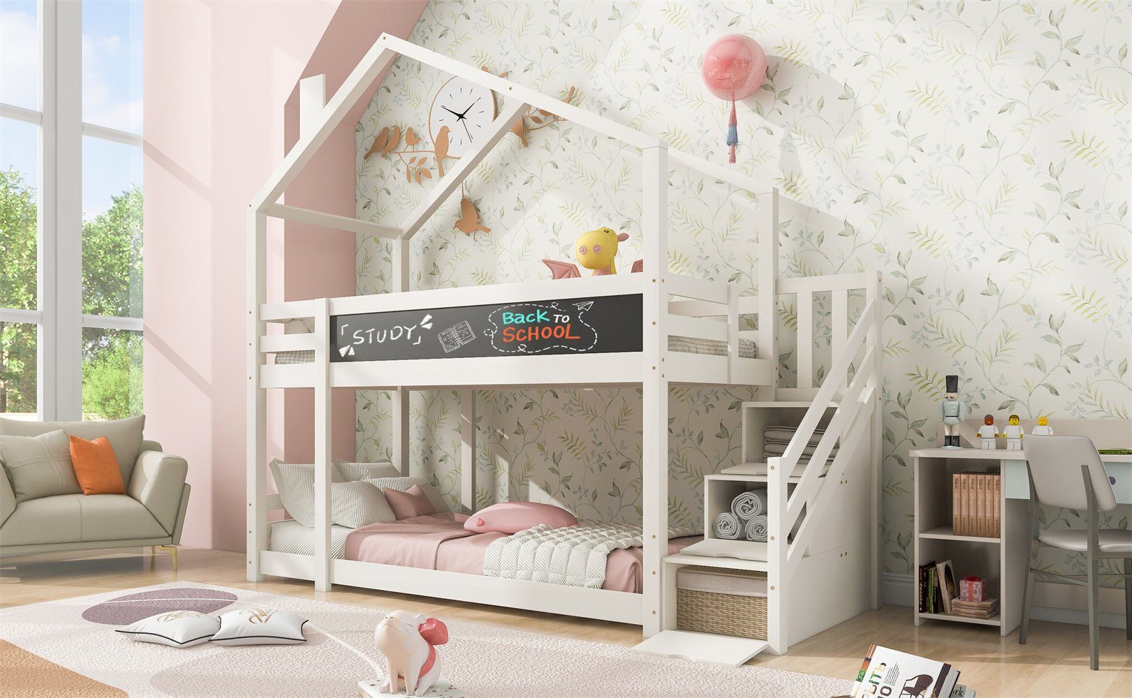 Etagenbett Kinderbett mit Stauraumtreppe und Rausfallschutz 90 x 200 cm
