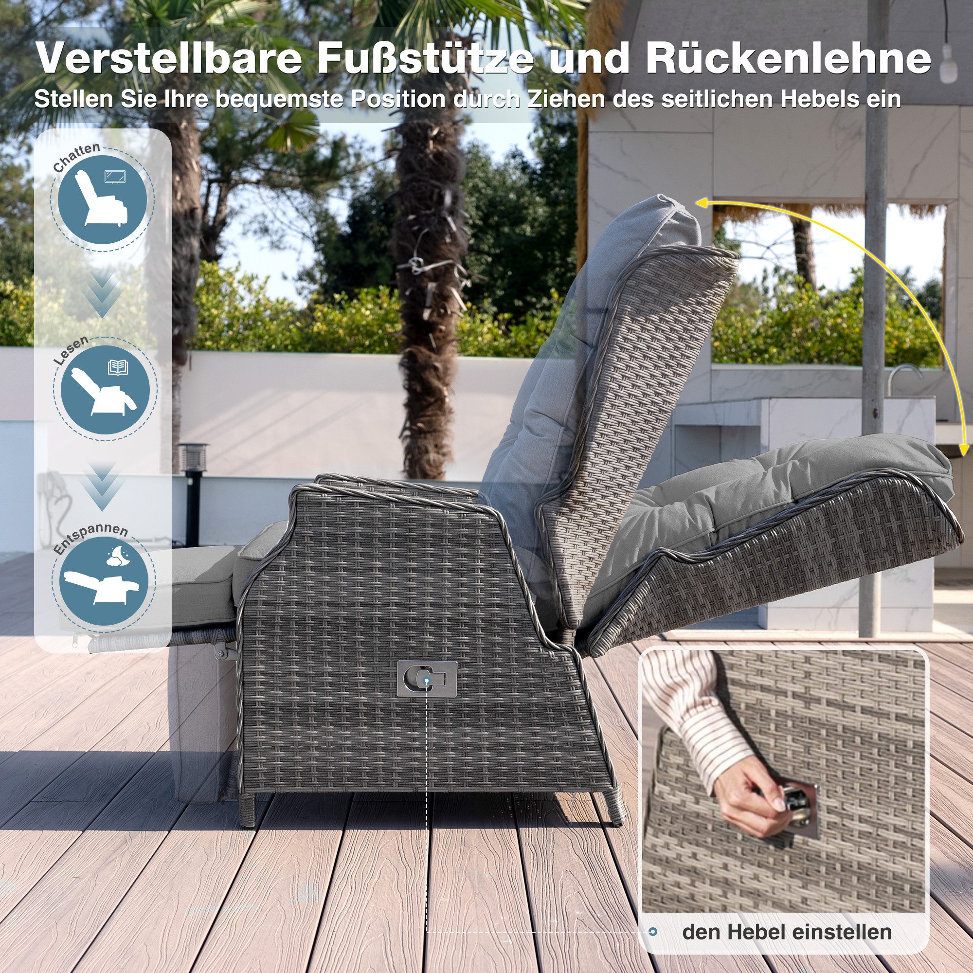 HOMECALL Rattanstuhl Gartensessel Indoor Verstellbar Liegestuhl Gartenliege balkonliege (Wetterfester Rahmen, klappbarem Beistelltisch und Fußstütze, 1 St), COMLAX FIELD