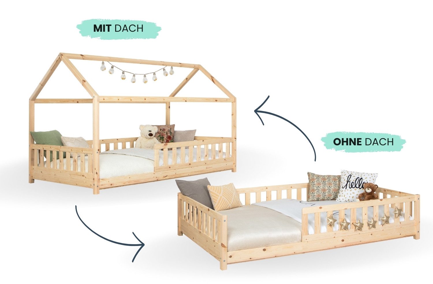 Ticaa Hausbett Duo mit Rausfallschutz aus Kiefer, Bodenbett 90x200, inkl. abnehmbarem Dach, mit Rollrost