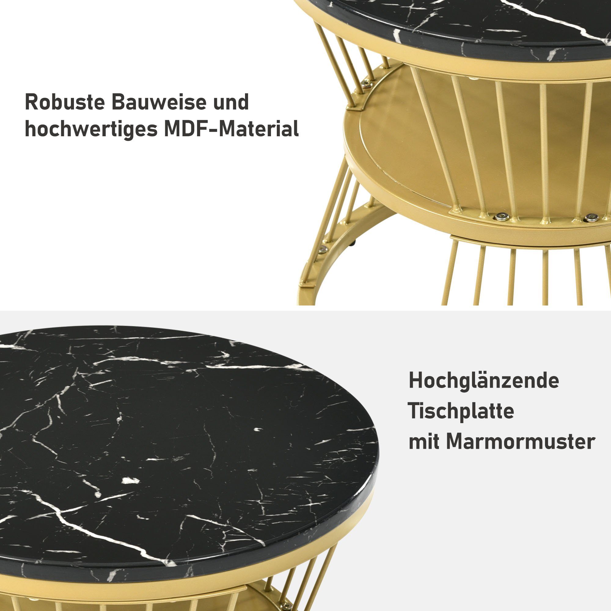(2-St), Holz Schwarz Beistelltisch Merax Schwarz Satztisch Tischplatte Couchtisch Marmoroptik hochglanz | mit Metallrahmen, in