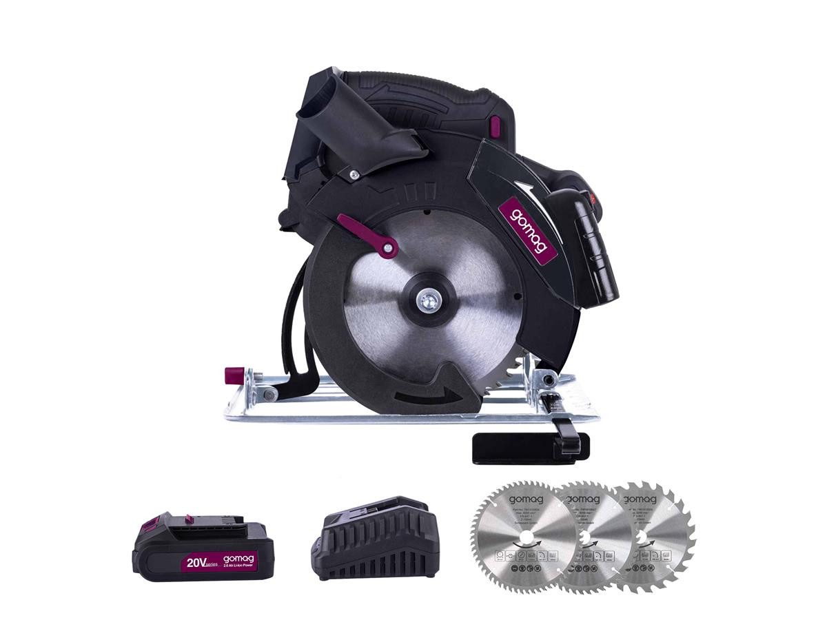 Gomag Akku-Handkreissäge GO-HKS165 2,0 Ah Starterkit + Sägebl., Set, 7-St., inkl. Sägeblätter mit Ø 165 mm
