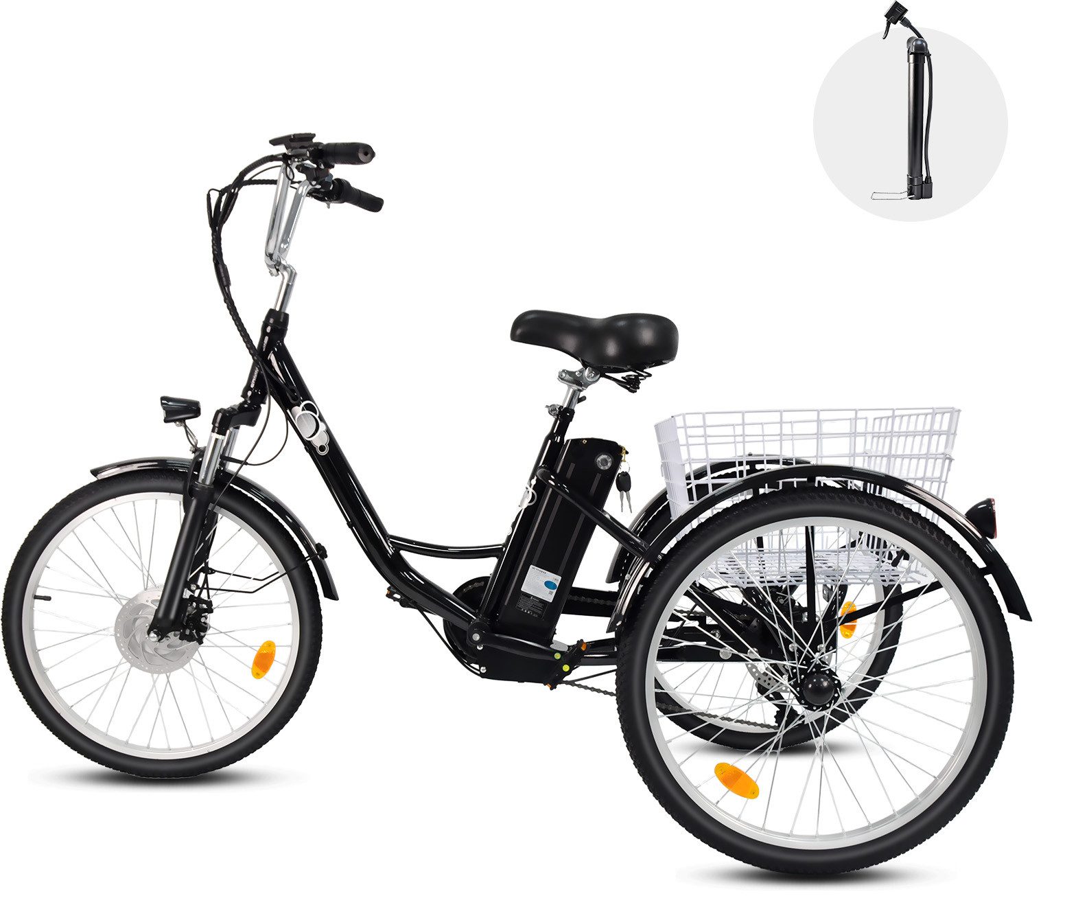Vankel E-Bike Cityrad Damen u. Herren Elektro-Dreirad 24 Zoll 250W 540Wh 100km 3-Rad Pedelec, Kettenschaltung, Heckmotor, 648 Wh, (Beleuchtungsset mit Batterieladegerät, Batterieschlüssel, Werkzeug), Shimano 7-Gang Vorderradmotor Federgabel Cargobike 120kg Traglast
