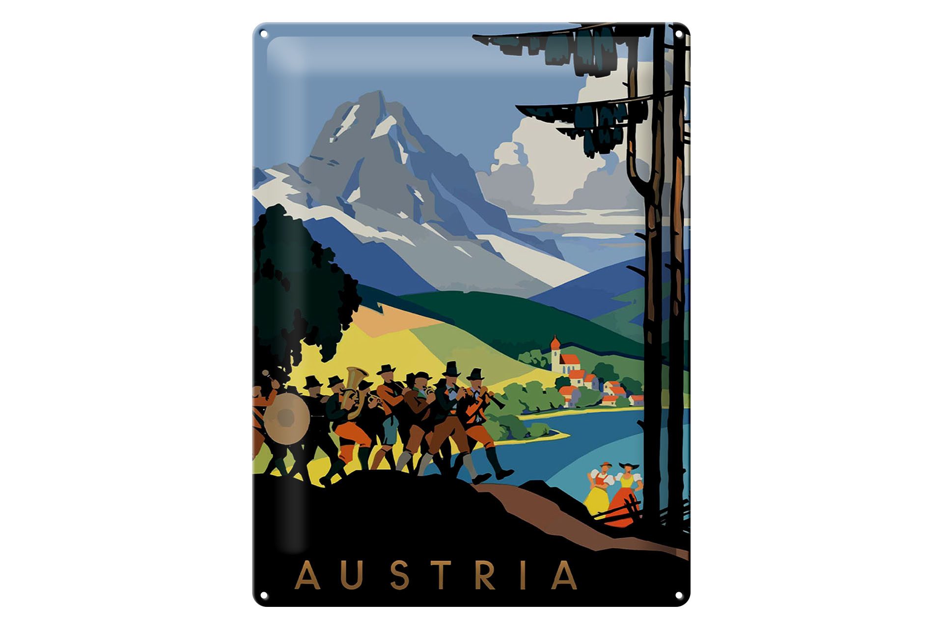 Femer GmbH Metallschild Reise 30x40 cm Österreich Austria Berge Blasmusiker, (1 St), gewölbte Oberfläche, abgerundete Ecken, umgeschlagene Kanten