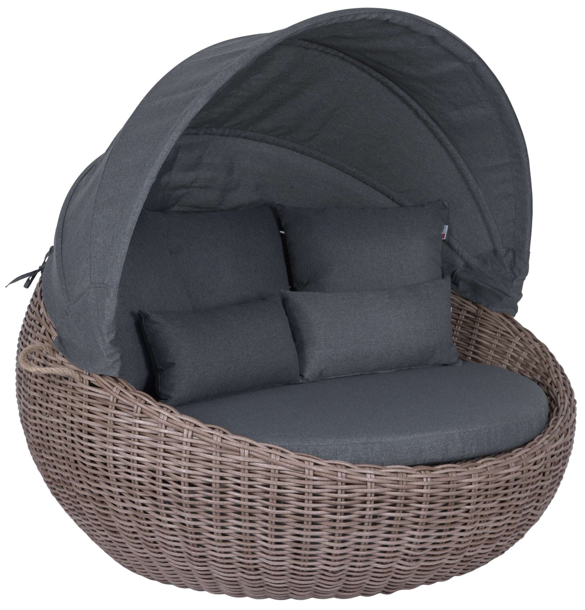 MR.DEKO Sonneninsel Marano Gartenlounge Set Rattan 170cm Grau inkl. Schutzhülle, Gartenmöbel Set mit 170cm Durchmesser, große Liegefläche 1 Teile, UV-beständig inkl. klappbarem Sonnendach, 5 Kissen & Schutzhülle