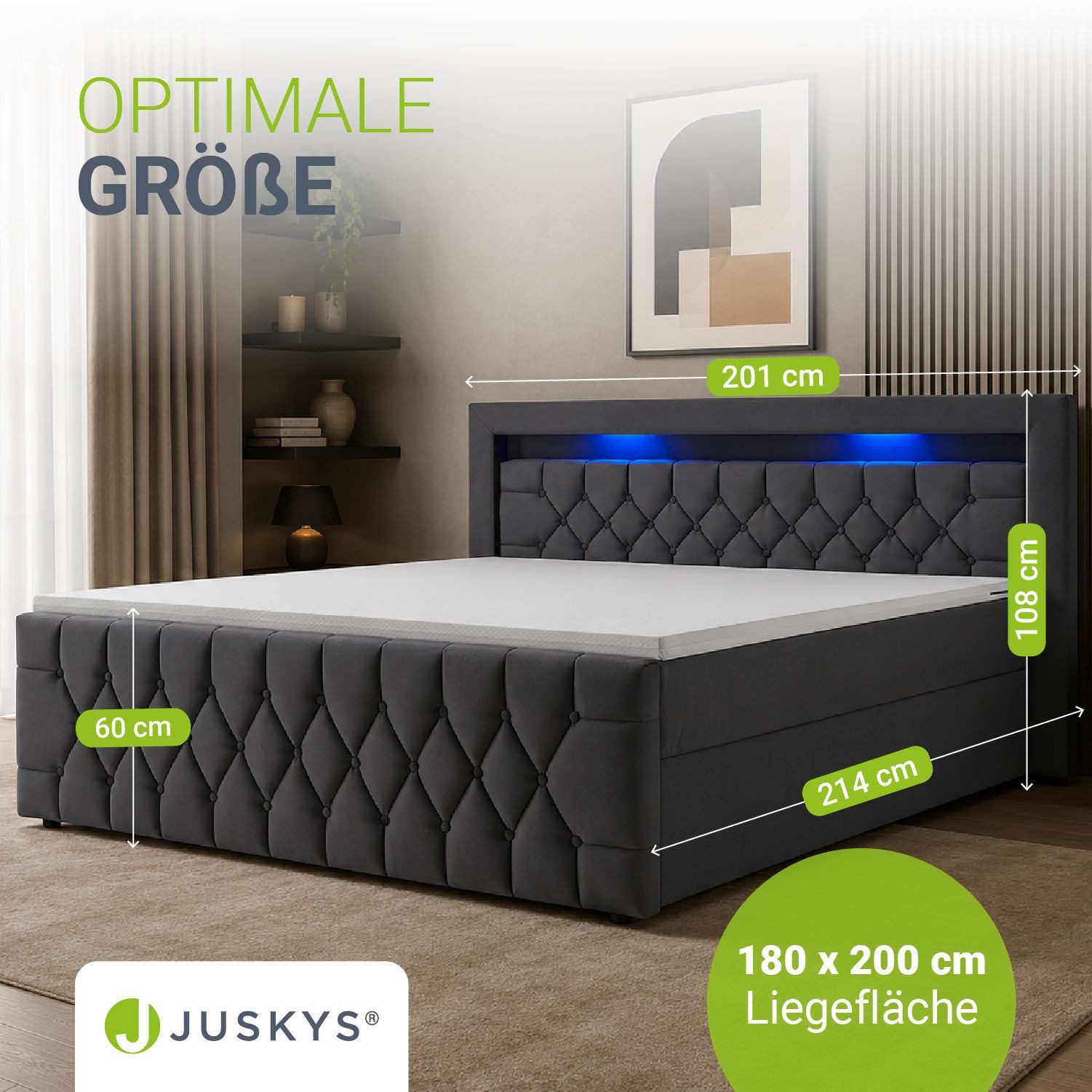 Juskys Polsterbett Leona, 180x200 cm, Boxspringbett-Optik, Samt-Bezug, LED-Licht, H4 Matratze