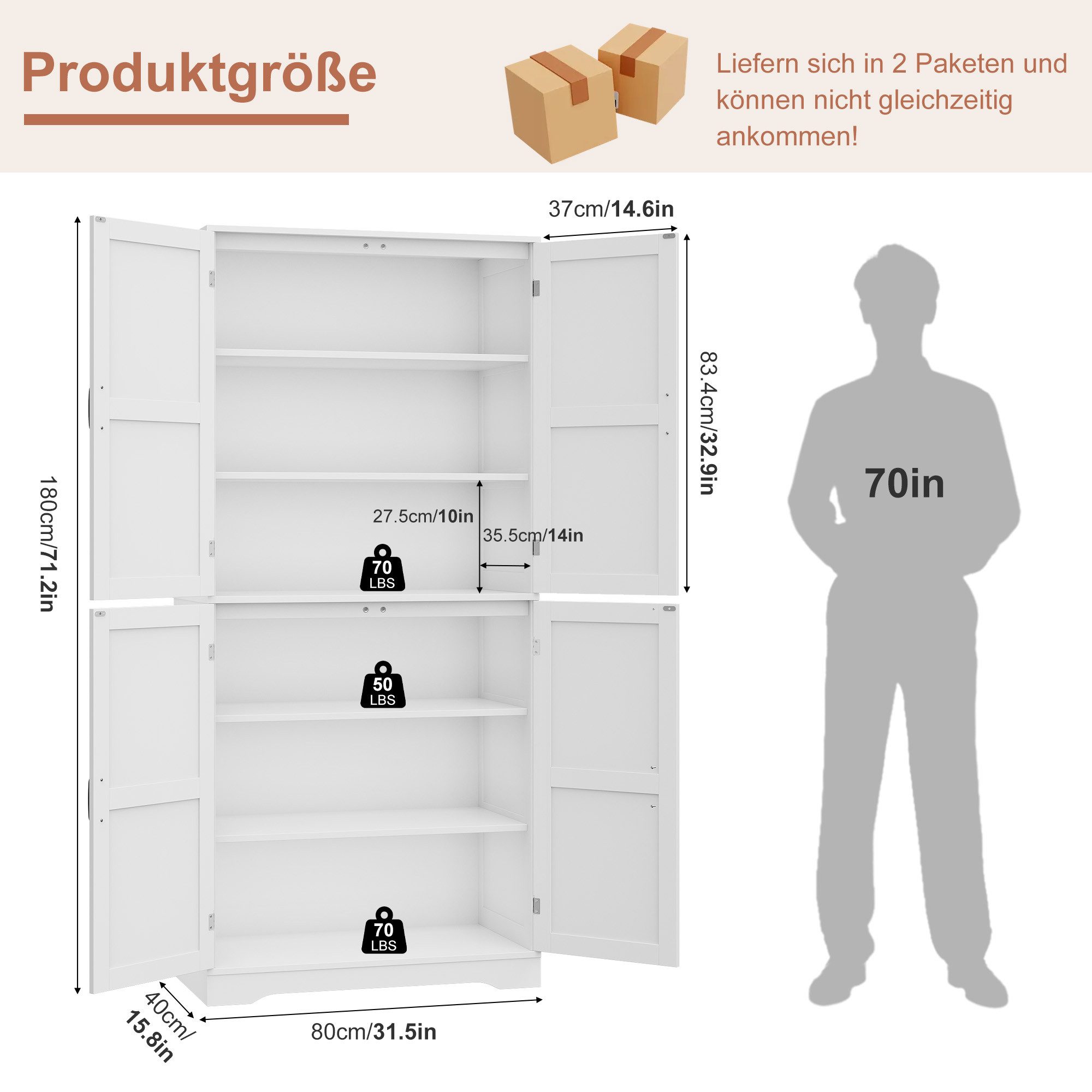 HOMECHO Küchenbuffet 180cm Küchenschrank mit 4 Türen Weiß Buffetschrank für Wohnzimmer Küche 180×80×40 cm