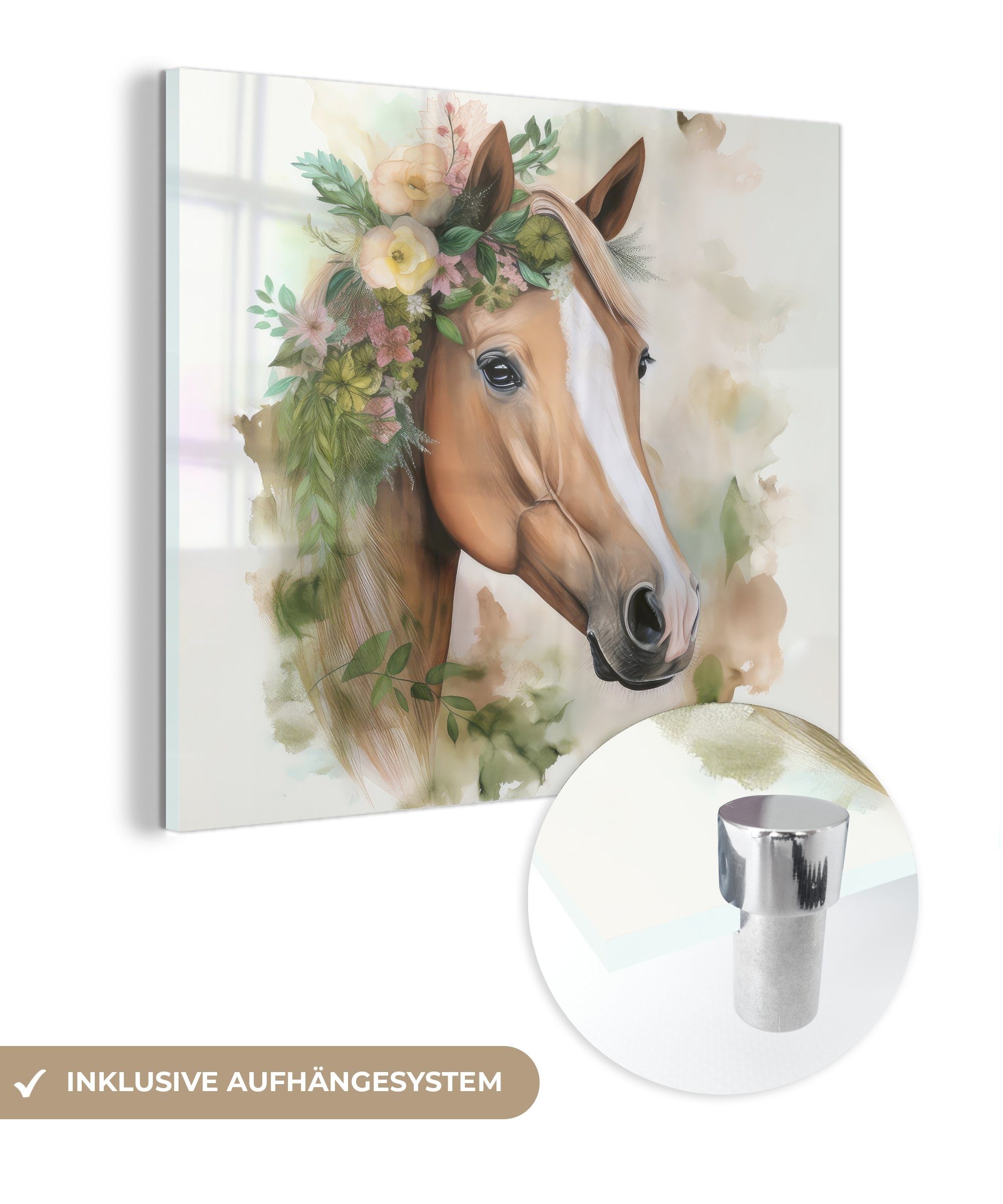 MuchoWow Acrylglasbild Pferd - Blumen - Natur - Aquarell - Tiere, (1 St), Glasbilder - Bilder auf Glas Wandbild - Foto auf Glas - Wanddekoration | Bilder