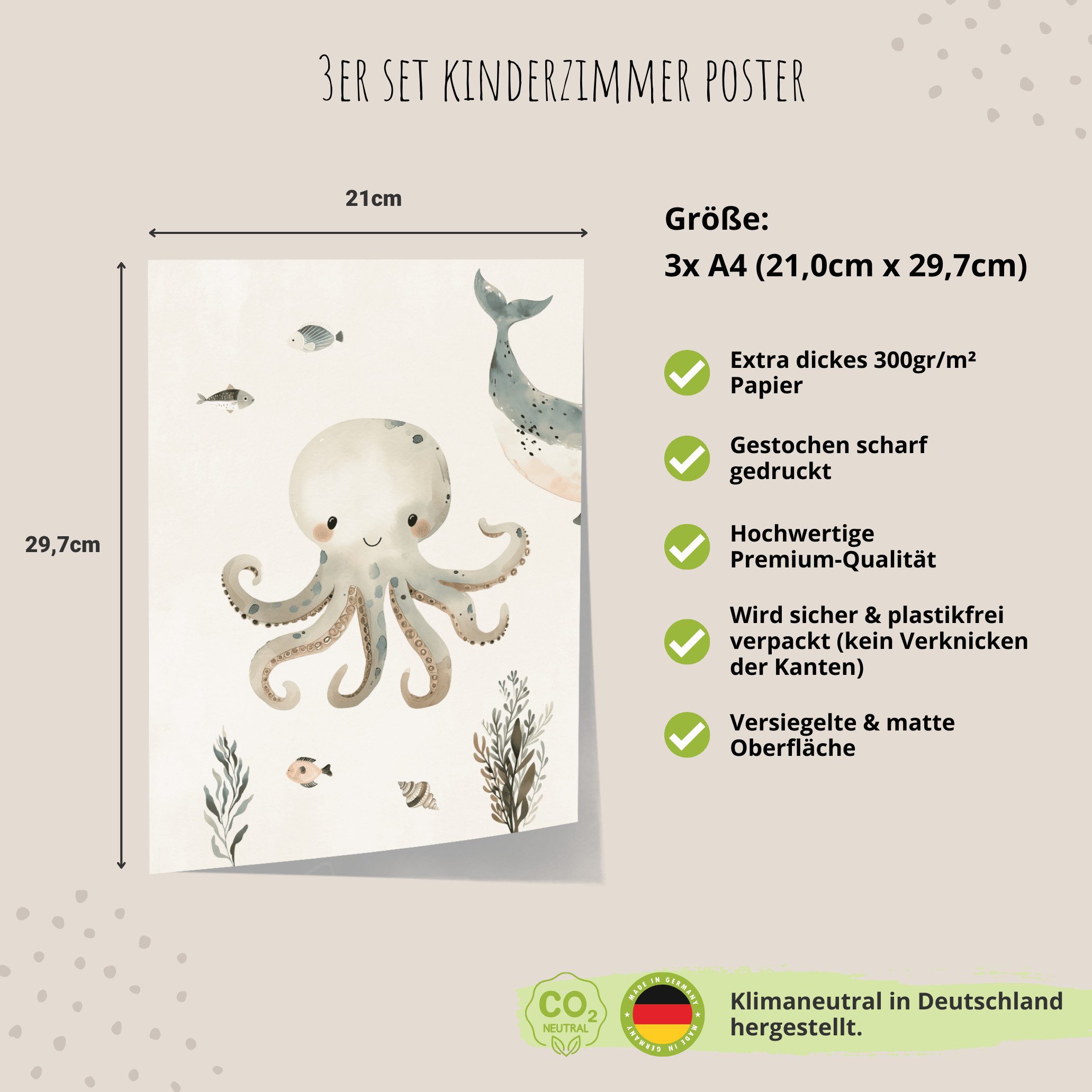 MeinBaby123® Poster Kinderzimmer Meerestiere, Kinderzimmer Deko, Kinderzimmer Bilder, Unterwasserwelt, süßer Wal, Schildkröte, Qualle – Bild 5 von 5