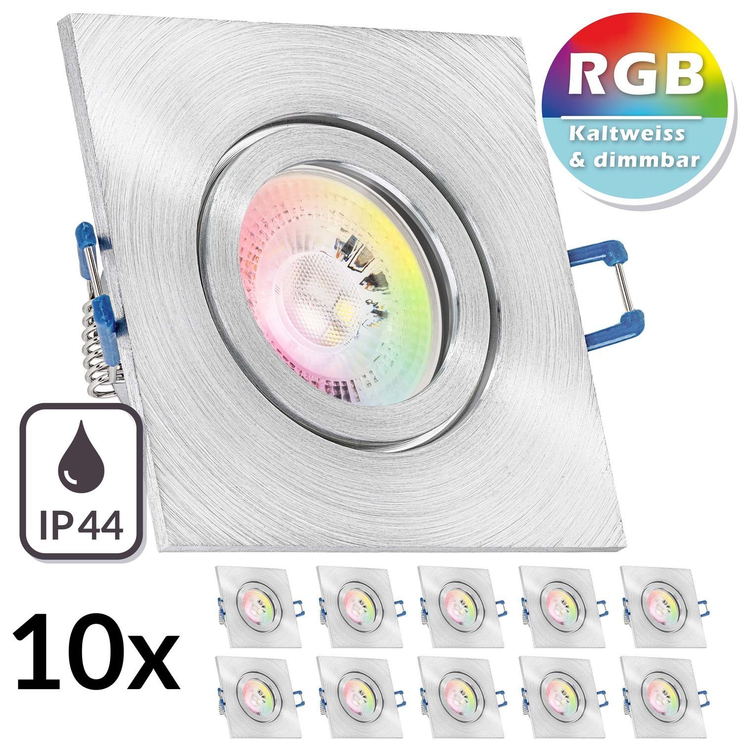 LEDANDO LED Einbaustrahler 10er IP44 RGB LED Einbaustrahler Set GU10 in aluminium matt mit 3W LED