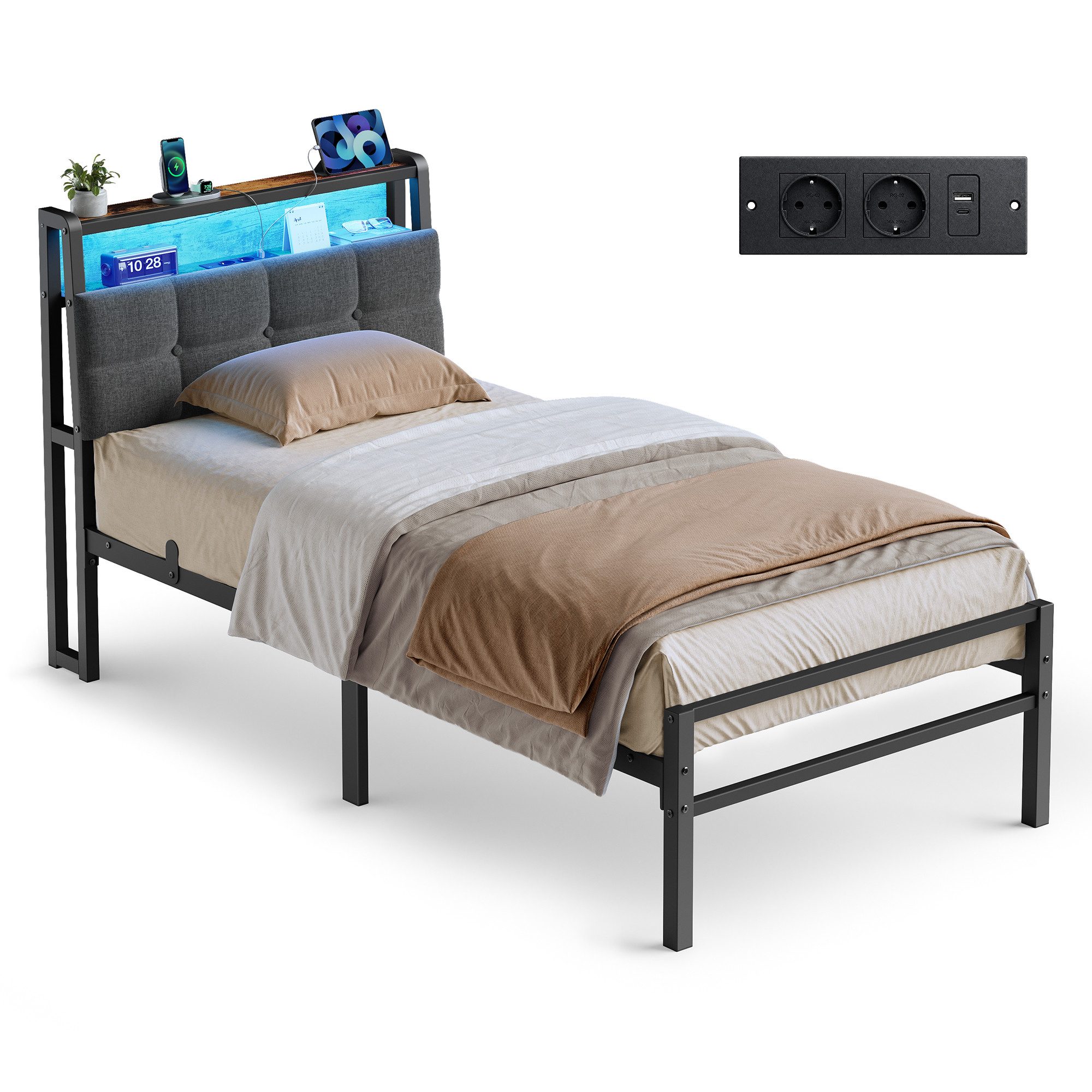 VASAGLE Bettgestell mit Kopfteil, Bett mit Stauraum und LED Beleuchtung, Steckdosen