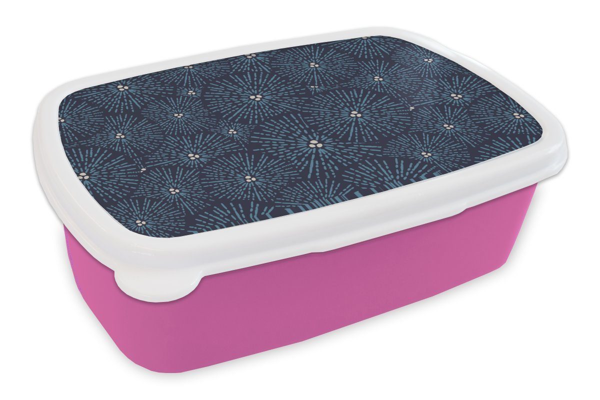 MuchoWow Lunchbox Blumen - Japanisch - Muster - Blau - Weiß, Kunststoff, (2-tlg), Brotbox für Erwachsene, Brotdose Kinder, Snackbox, Mädchen, Kunststoff rosa