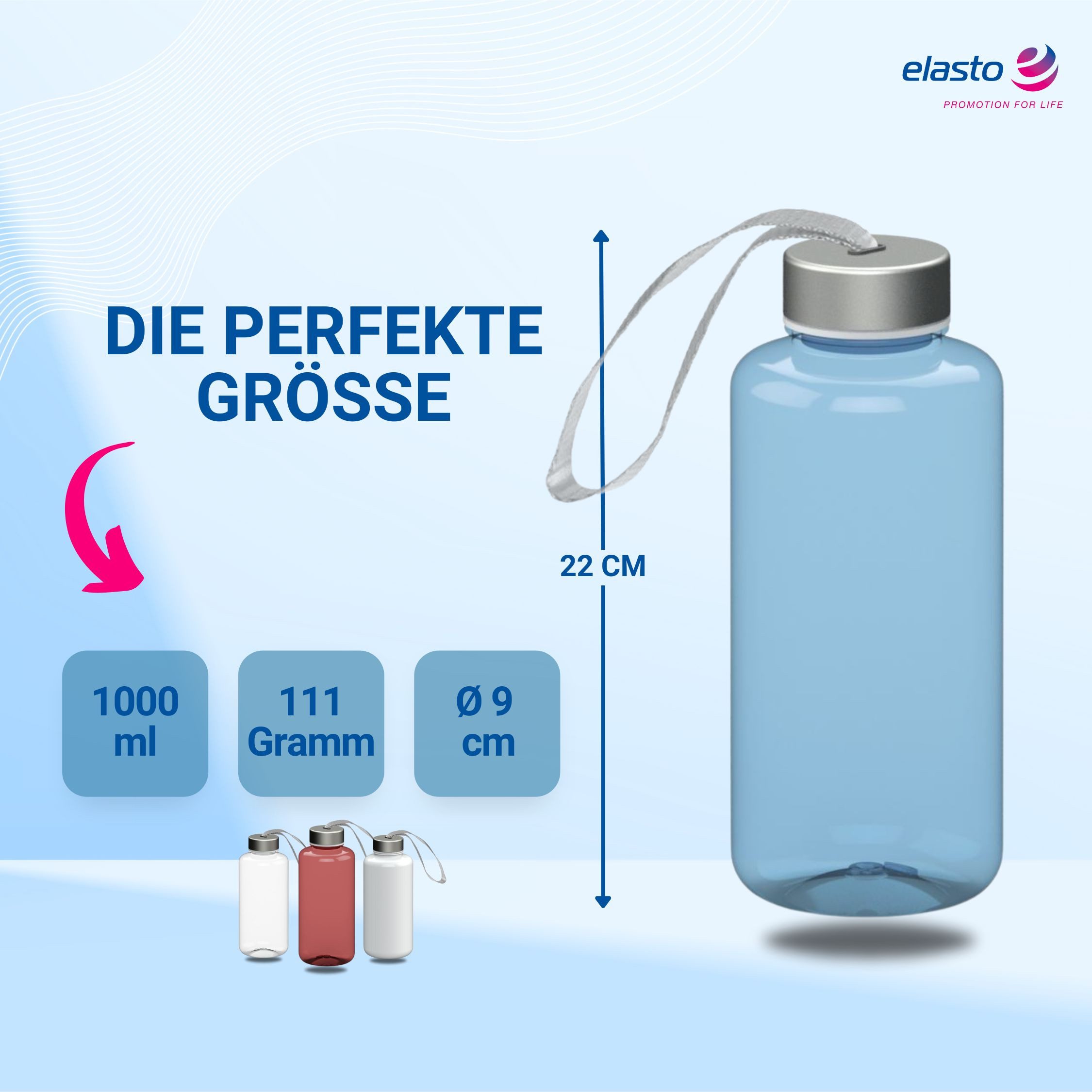 elasto Trinkflasche 1 L Wasserflasche "Pure" Tritanflasche mit Trägerband, Made in Germany, Spülmaschinenfest, Leicht zu reinigen, Sportflasche – Bild 2 von 5