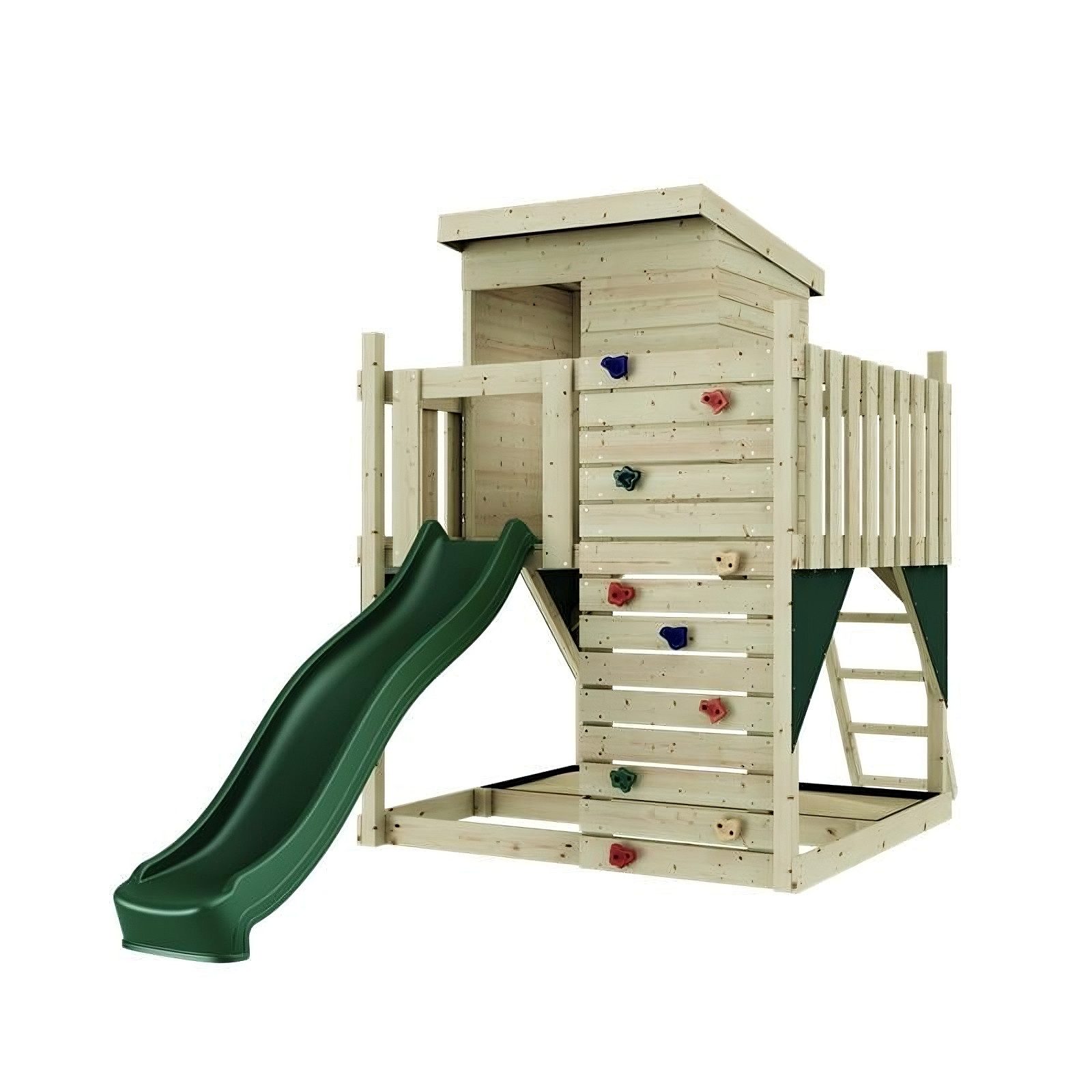 OutdoorToys Spielturm Stelzenhaus Polarlicht aus Holz in Dunkelgrün mit Rutsche, Kletterwand, aus Holz in Dunkelgrün mit Rutsche, Kletterwand