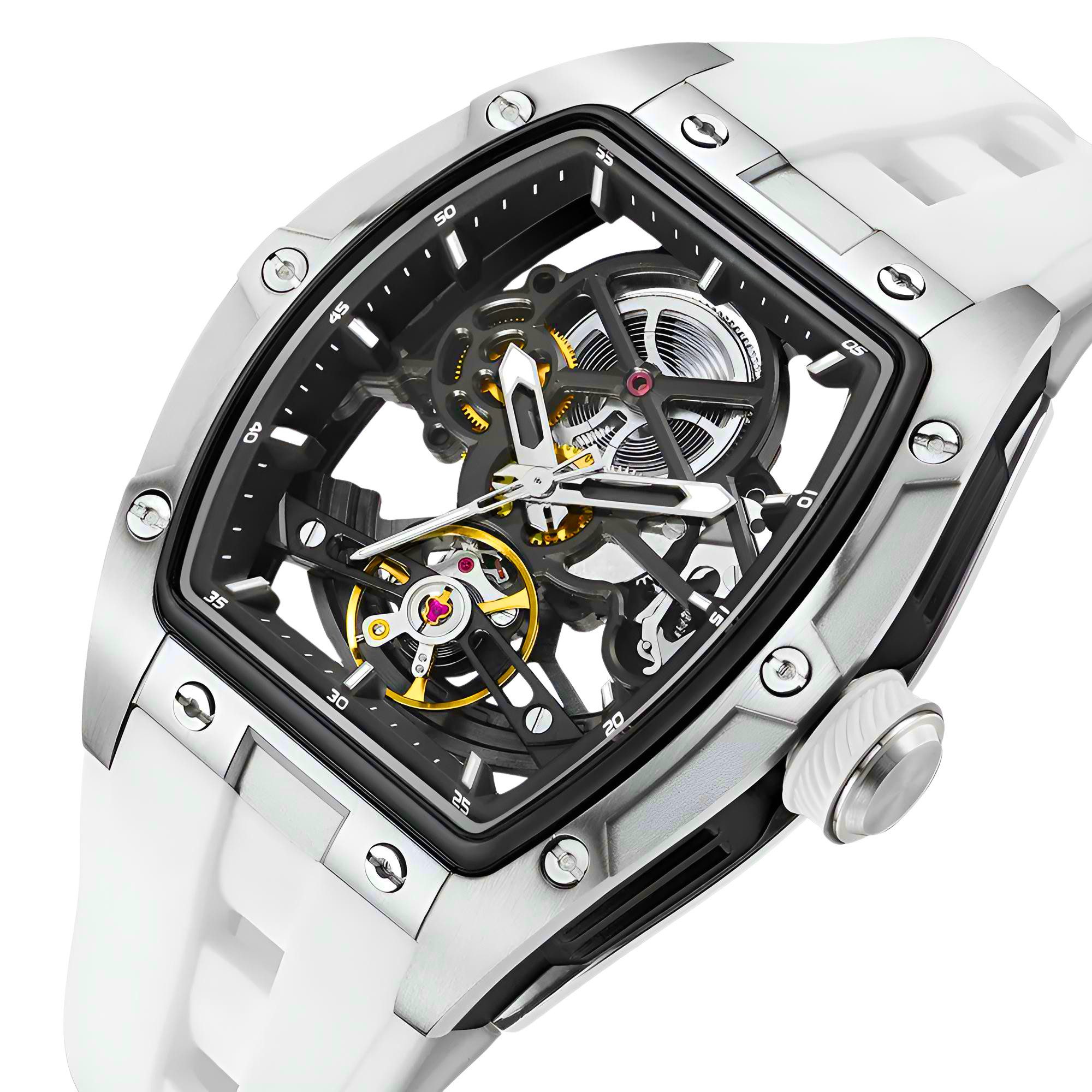S&T Design Automatikuhr Armbanduhr Herren Uhr Edelstahl Silikon Skelett Skelleton, (inkl. Geschenkbox, Schnalle), Mechanisch 50M Wasserdicht Rechteckig