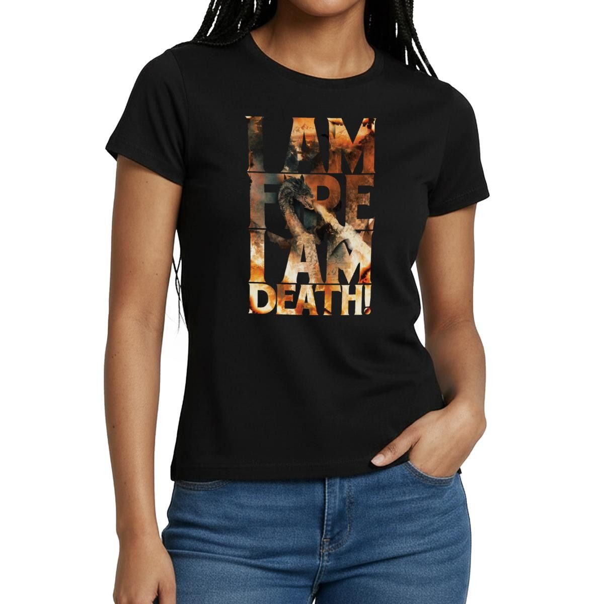 Spreadshirt T-Shirt Der Hobbit Smaug Ich Bin Feuer, Ich Bin Der Tod Frauen T-Shirt (1-tlg)
