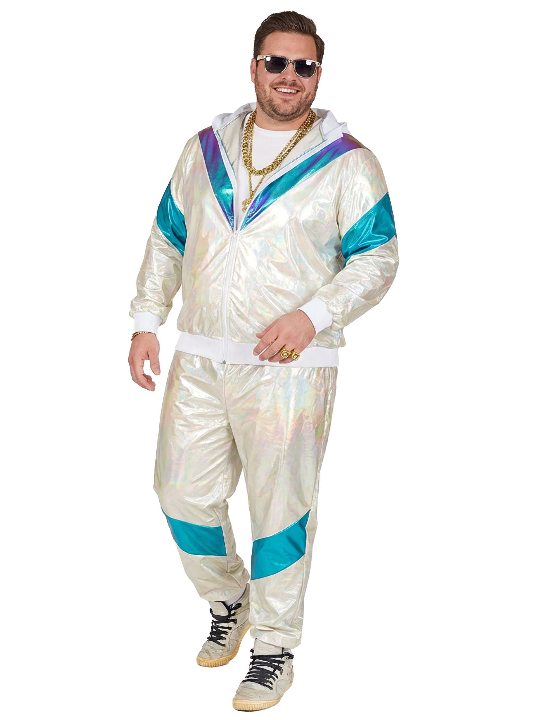 Kostüm 80er-Jahre Retro Trainingsanzug in Übergöße für Erwachsene weiss-blau