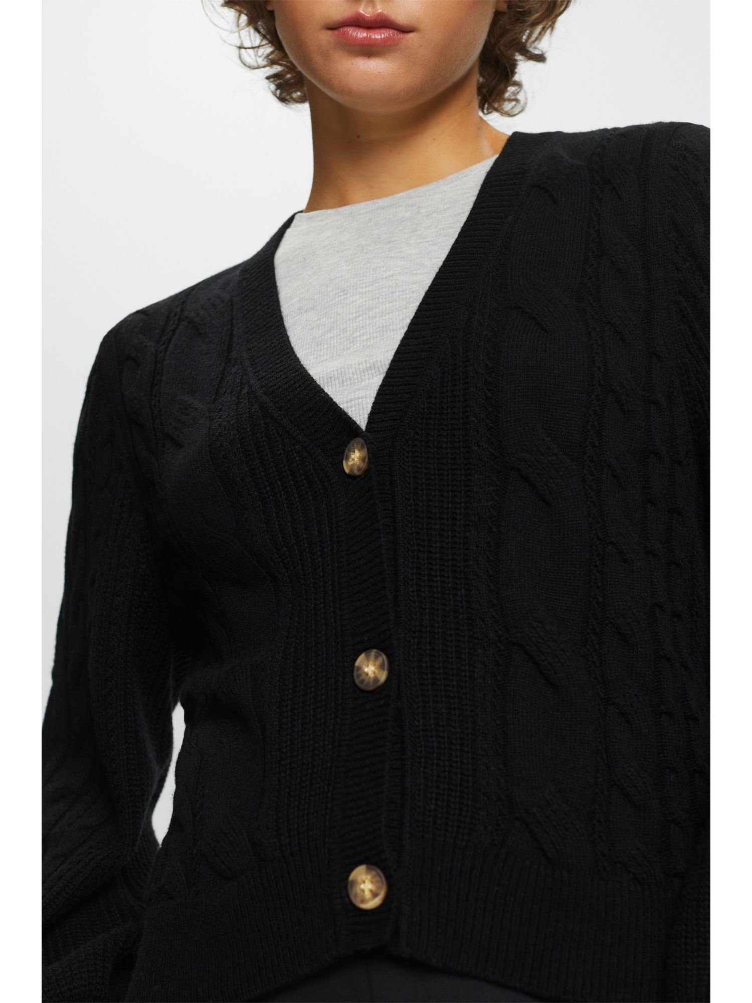 BLACK (1-tlg) Esprit Zopfstrick, Strickjacke Wollmix Cardigan aus