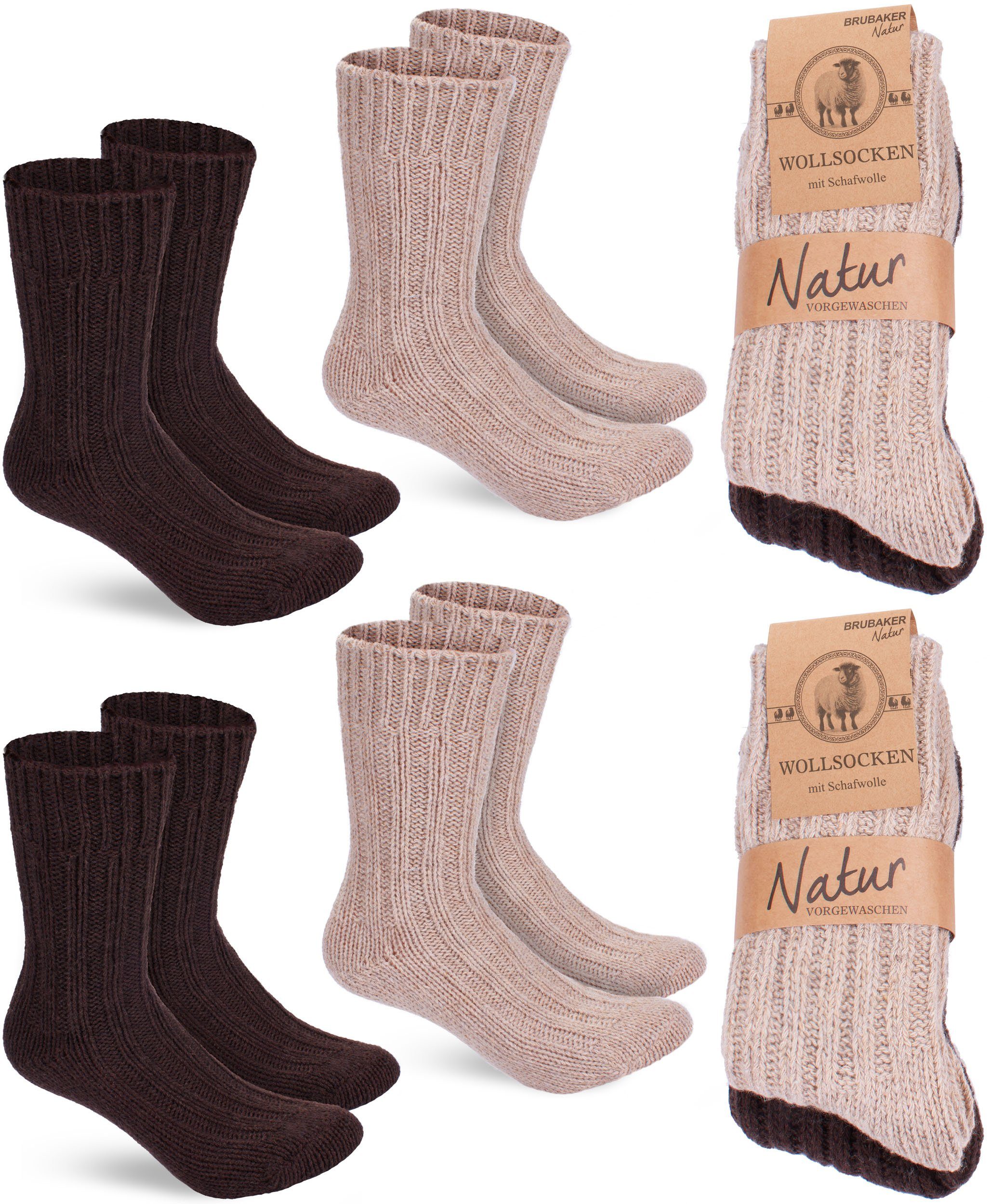 BRUBAKER Socken Wollsocken Set - Warme Wintersocken für Damen und Herren (4-Paar, Winter Stricksocken) Flauschiges Thermosocken Set mit Schafwolle