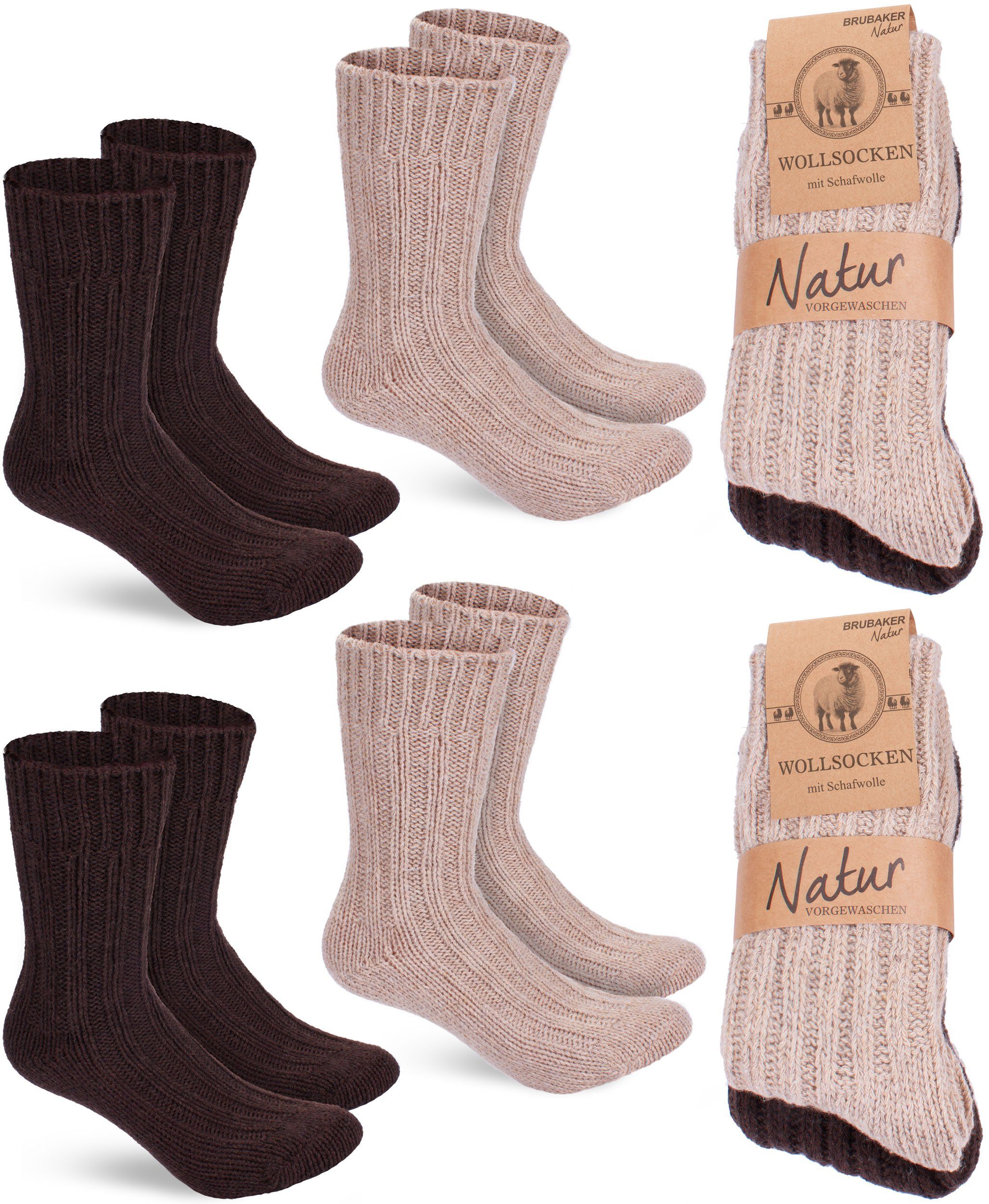 BRUBAKER Socken und (4-Paar, Damen mit Set Herren Wollsocken für Flauschiges Warme Schafwolle Beige Set Braun Stricksocken) - Thermosocken Wintersocken Winter und