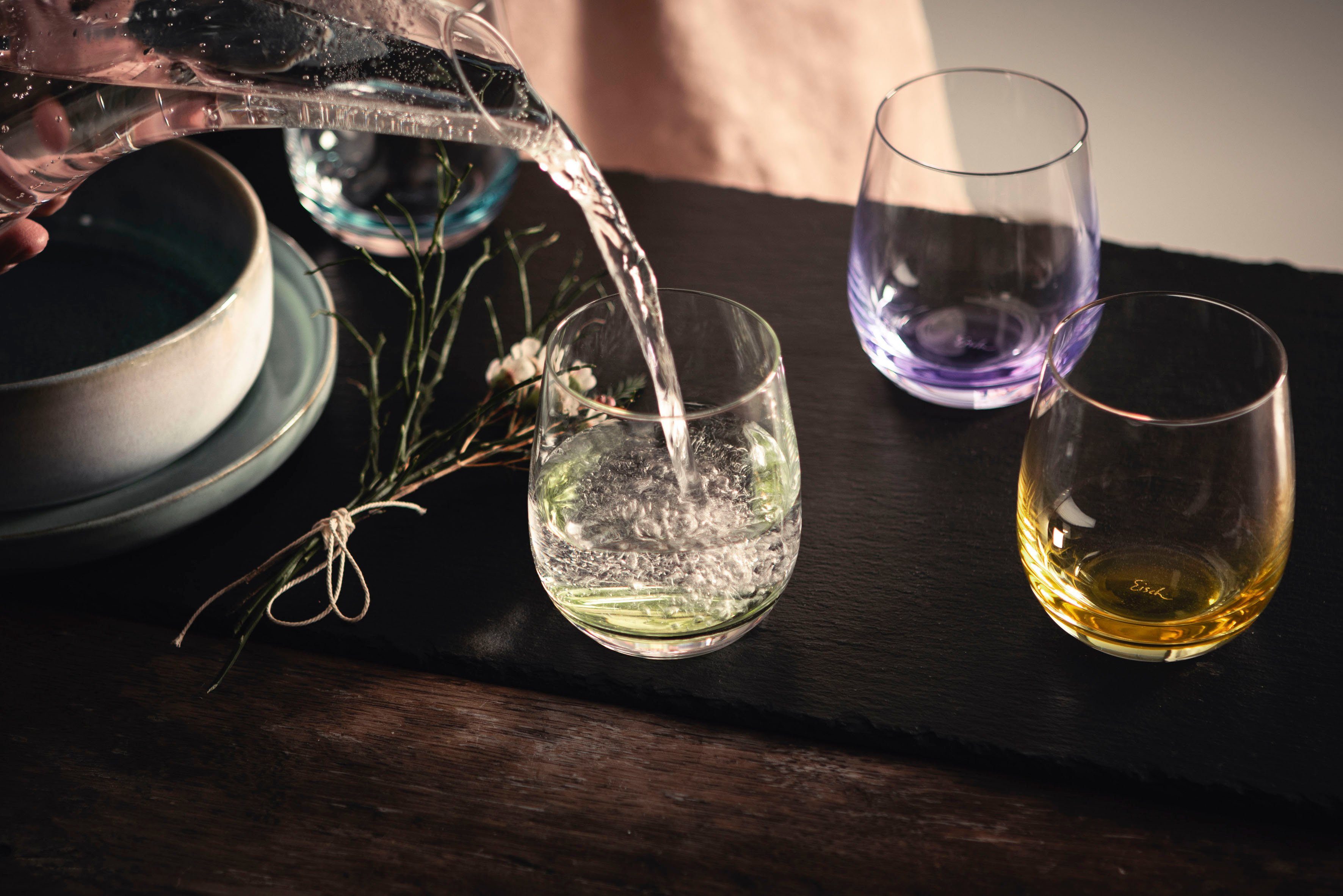 Eisch Germany Becher JESSICA, 4-tlg., Kristallglas, Handarbeit, farbig veredelt, Made in Germany
