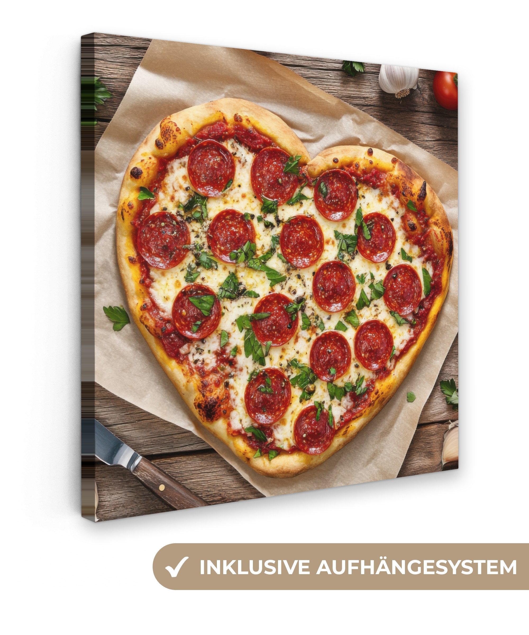 Leinwandbild Pizza - Herz - Peperoni - Tomate
