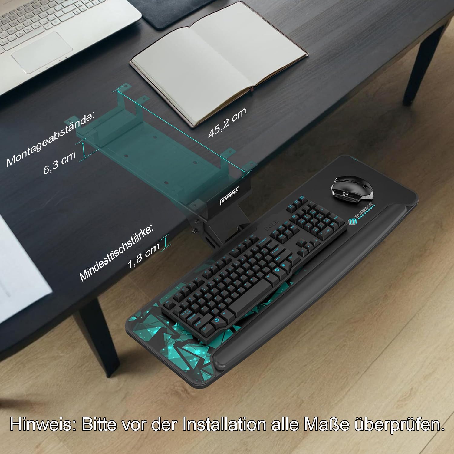 EE EUREKA ERGONOMIC Tastaturhalterung Verstellbar Schwenkbar Tastaturschublade für Gaming Büro Schreibtisch, (1-tlg., mit ergonomische Handballenauflage und ein – Bild 4 von 5
