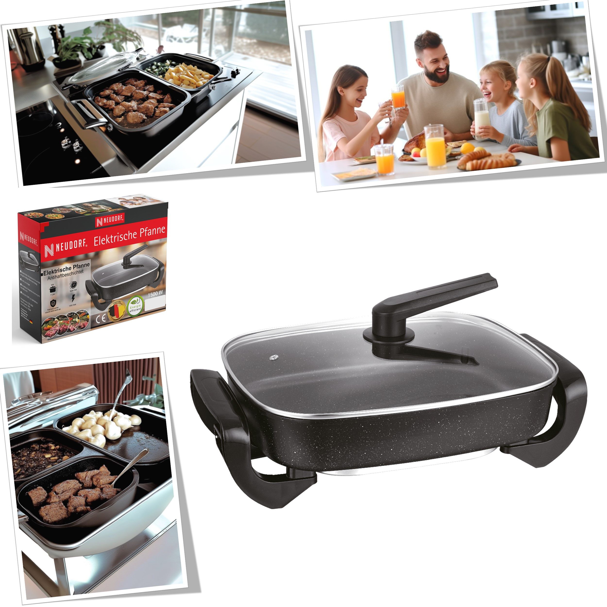 Neudorf Elektrische Partypfanne FamilyPan 8L – Viel Platz für Pfannengerichte & Eintöpfe Wurst uvm., 1500 W, Große Bratfläche, schnelles Aufheizen, stufenlose Temperaturregelung