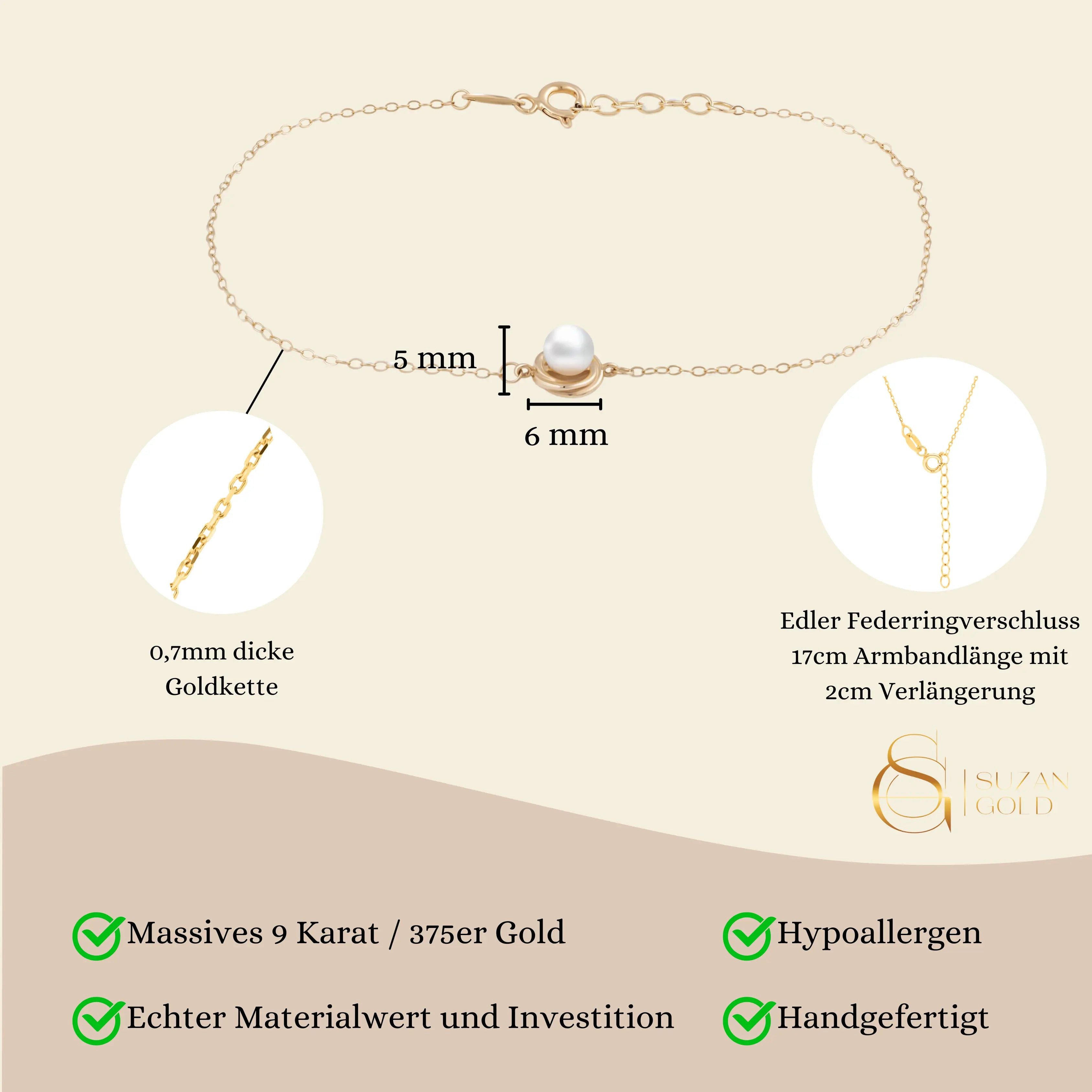Suzan Gold Charm-Armband 375er Gold Damen Armband – Perlenanhänger, elegant & wasserfest, Gelbgold 375, Länge: 17+2cm, 0,8 Gramm