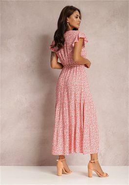 RUZU UG Dirndl Kleid V-Ausschnitt, kurzen Ärmeln, elastischem Bund, floralen Trägern