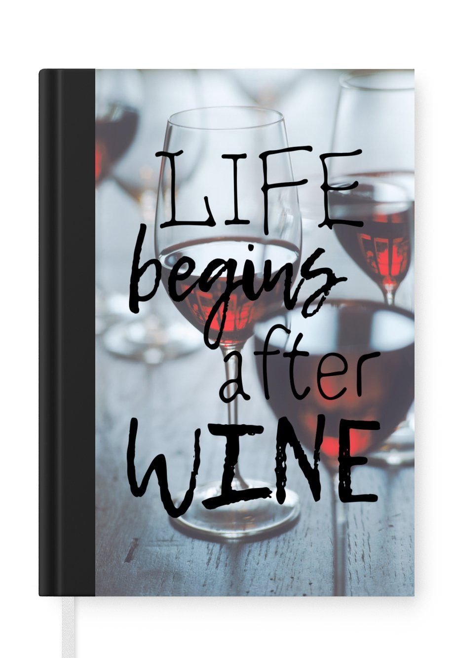 MuchoWow Notizbuch Weinzitat "Das Leben beginnt nach dem Wein" mit Weingläsern, Journal, Merkzettel, Tagebuch, Notizheft, A5, 98 Seiten, Haushaltsbuch