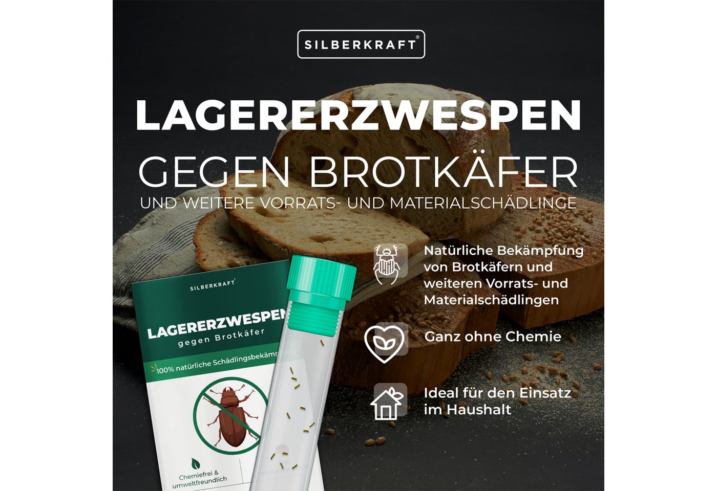 Thumbnail - Silberkraft Insektenvernichter Lagererzwespen gegen Brotkäfer, Kornkäfer, Kugelkäfer, Tabakkäfer, Biologische Schädlings...