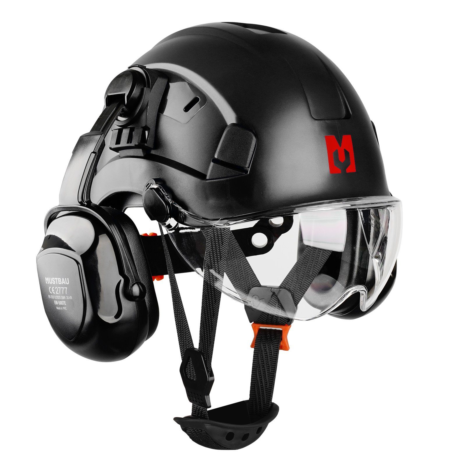 Mustbau Schutzhelm EN397, Arbeitshelm Mit Ohrschutz und Schutzbrille Set, ABS, 53- 63cm verstellbar