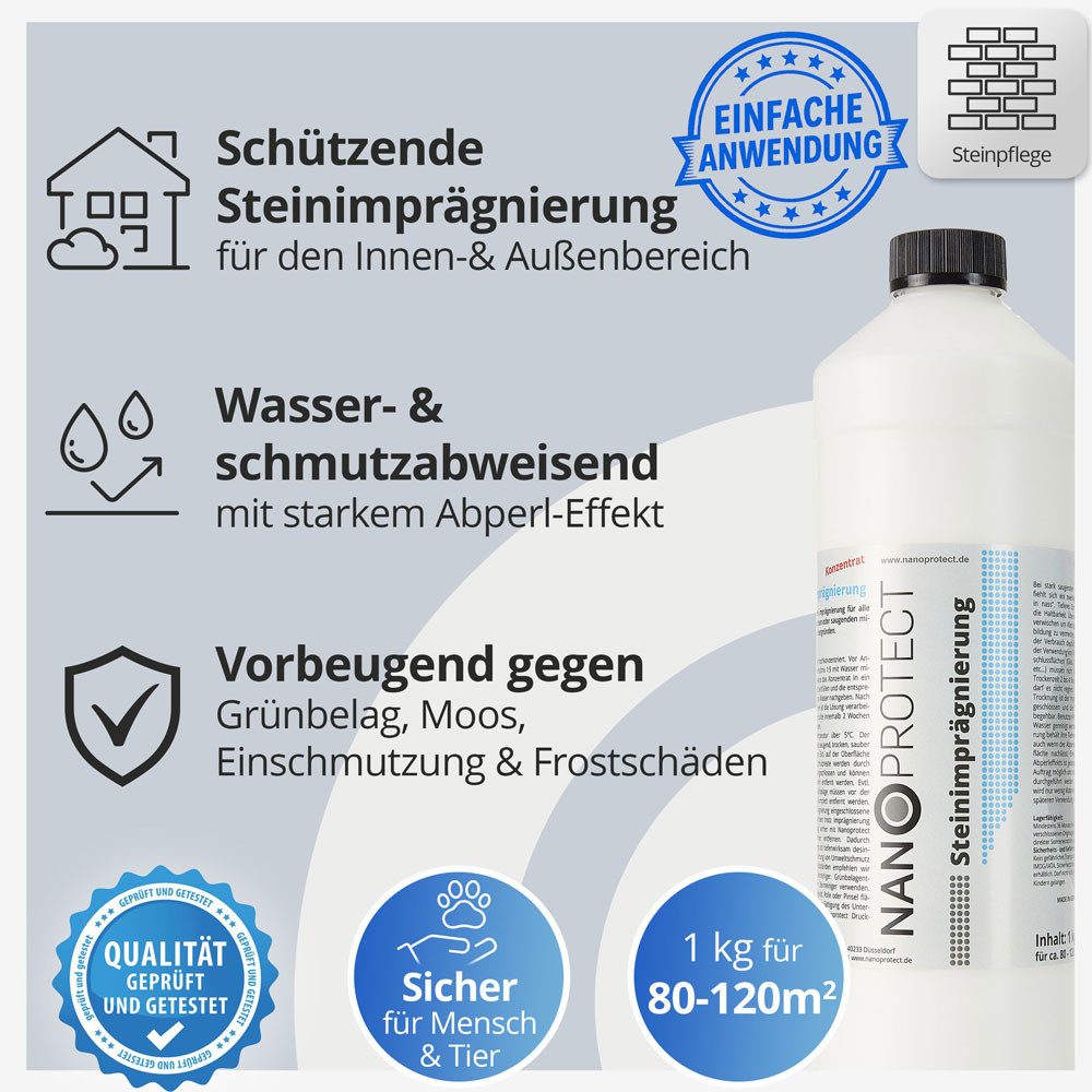 Nanoprotect Steinimprägnierung Konzentrat - 1 kg - Profi Qualität Naturstein-Imprägnierung (Konzentrat für 80 - 120 qm), Unsichtbare Imprägnierung - Made in Germany