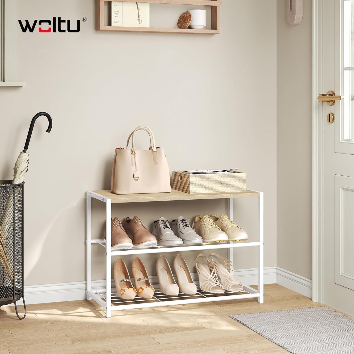 Woltu Schuhregal, 1-tlg., Badregal Schuhablage Organizier mit 2 Ablagen, Holz Metall
