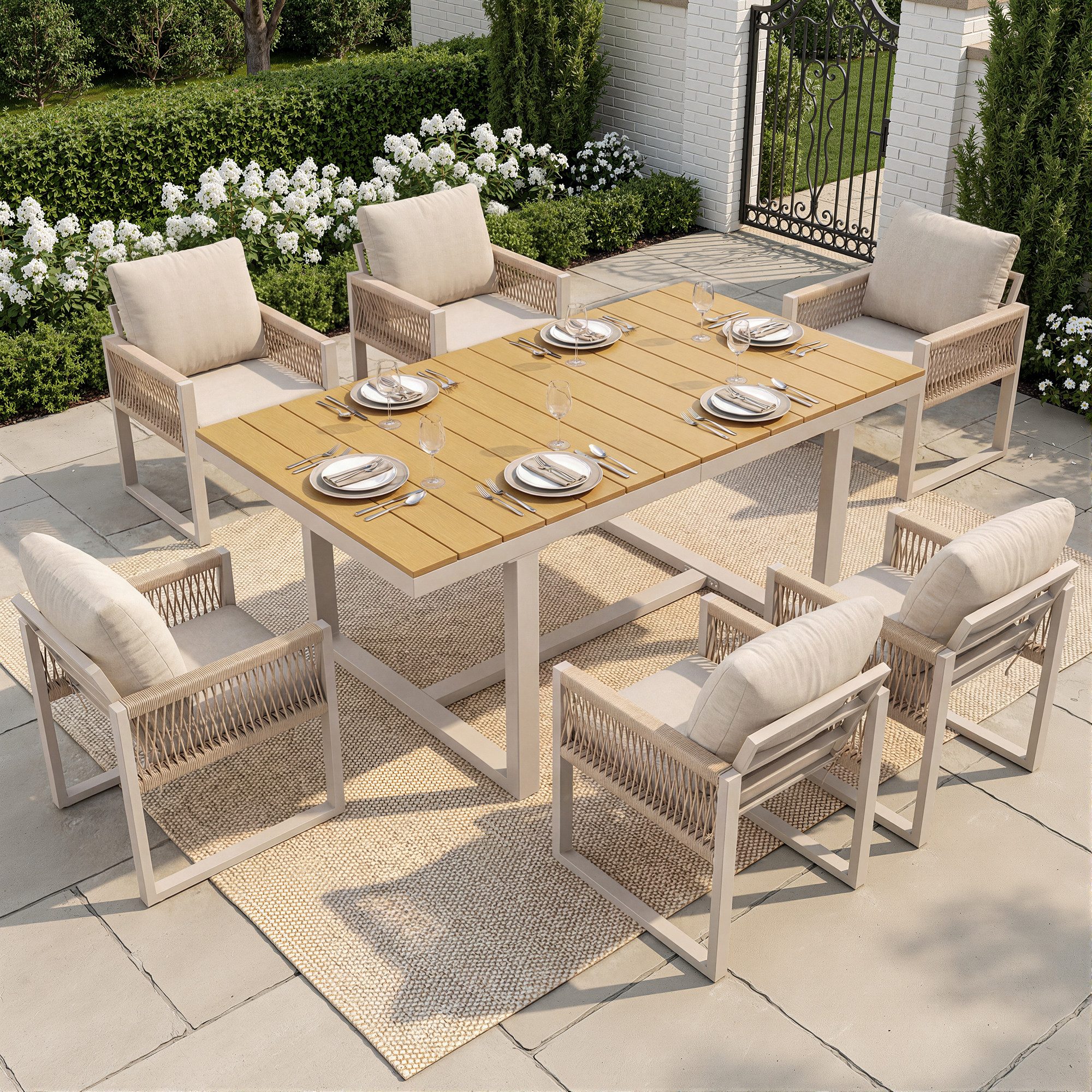 Flieks Garten-Essgruppe, Gartenmöbel-Set Sitzgruppe aus Seil, 6 x Stühlen & 1 x Tisch