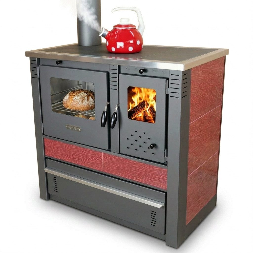 ProTermo Festbrennstoffherd PANONIA Kacheln bordeaux, linke Version, 8,5 kW