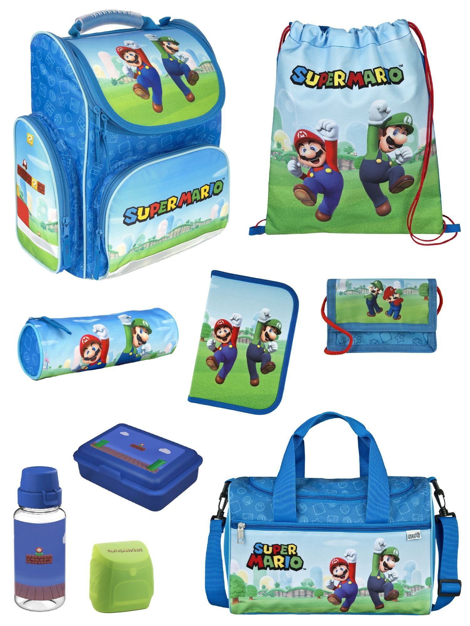 Familando Schulranzen Clou Super Mario Schultasche, blau, ab 1. Klasse (Erweitertes Set, 9-tlg., mit Lunch-Set und Sporttasche), kompakt, leicht, robust