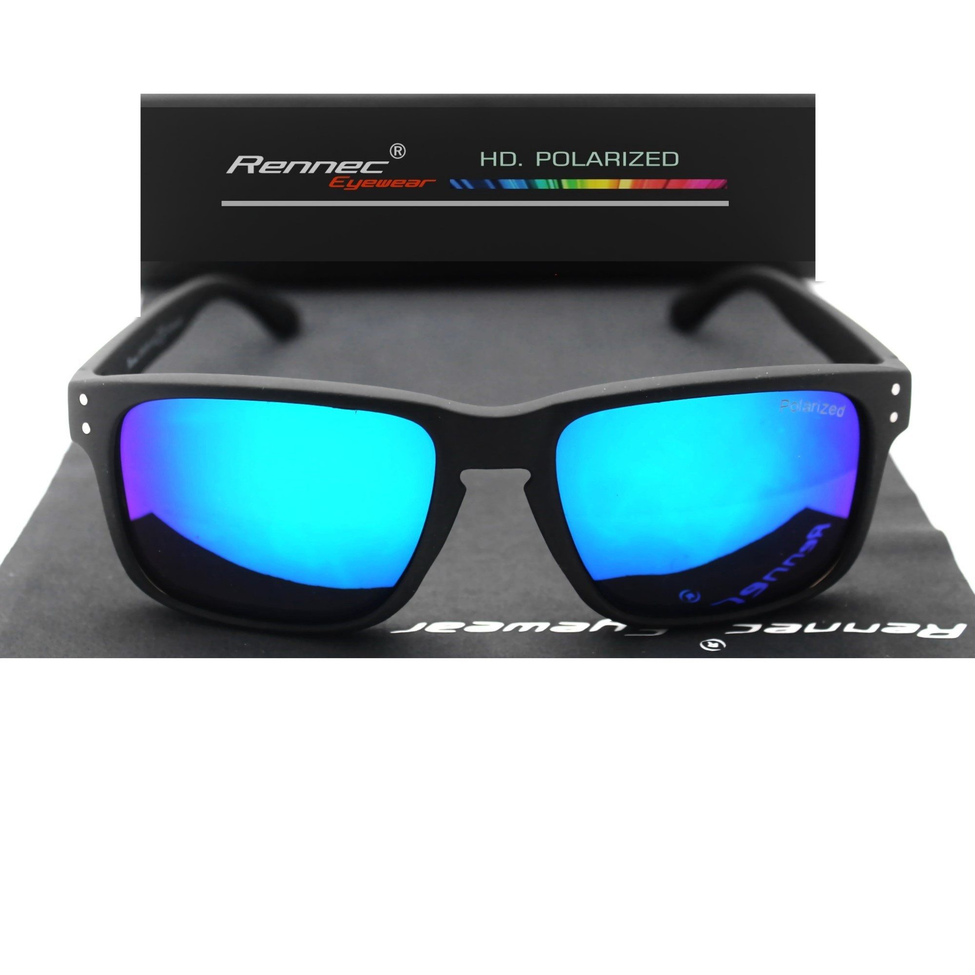Rennec Sonnenbrille (Herren Markenbrille mit Brillenbeutel) Gläser Polarisiert Grün Blau Verspiegelt stabile 3in2 Bügelgelenke