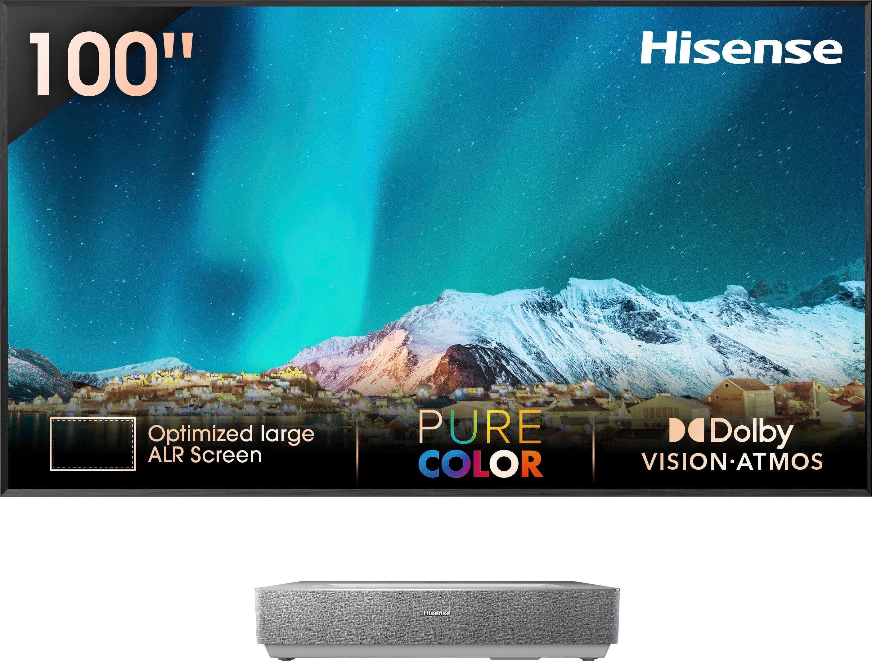 Reichhaltige Vielfalt Hisense Hisense 100L5HD (2600 Zoll) DLP- x px, 4K, Screen lm, (100 Daylight HDR, Beamer Projektor 3840 Atmos) Laser Game Mode, 2160 TV Dolby