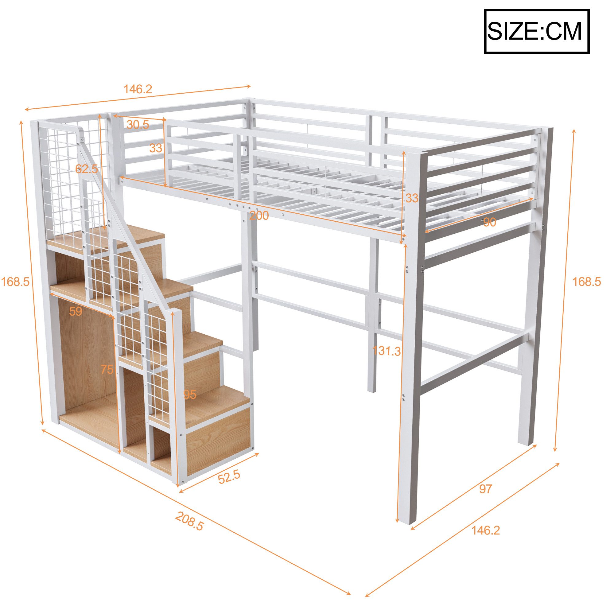 Flieks Hochbett Einzelbett Kinderbett Metallbett 90x200cm mit Stauraumtreppe – Bild 4 von 5